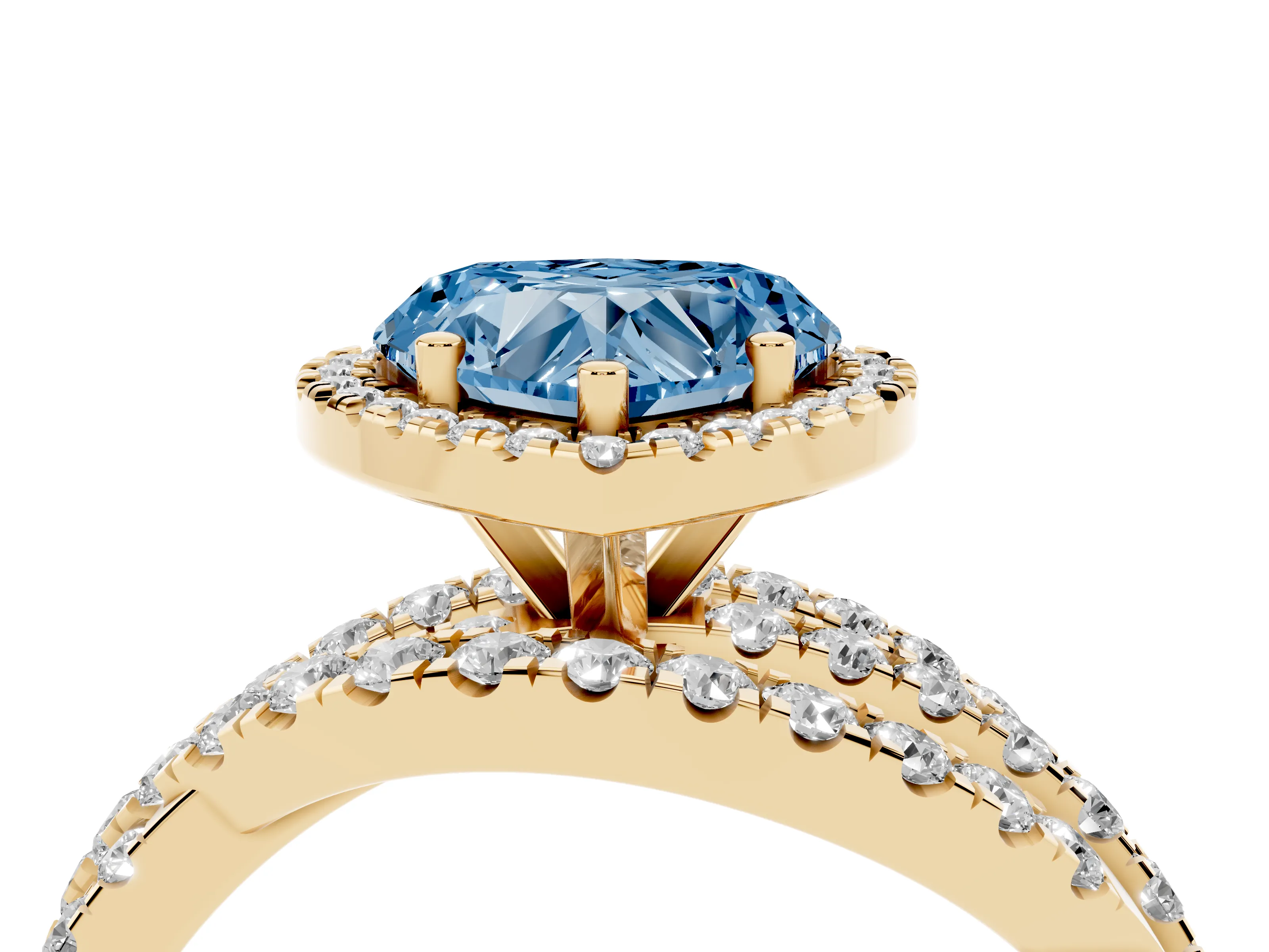 Fancy Blue Heart Cut Diamond Halo Ring Set in Yellow gold with Round Crossover Split Shank and Prong Setting