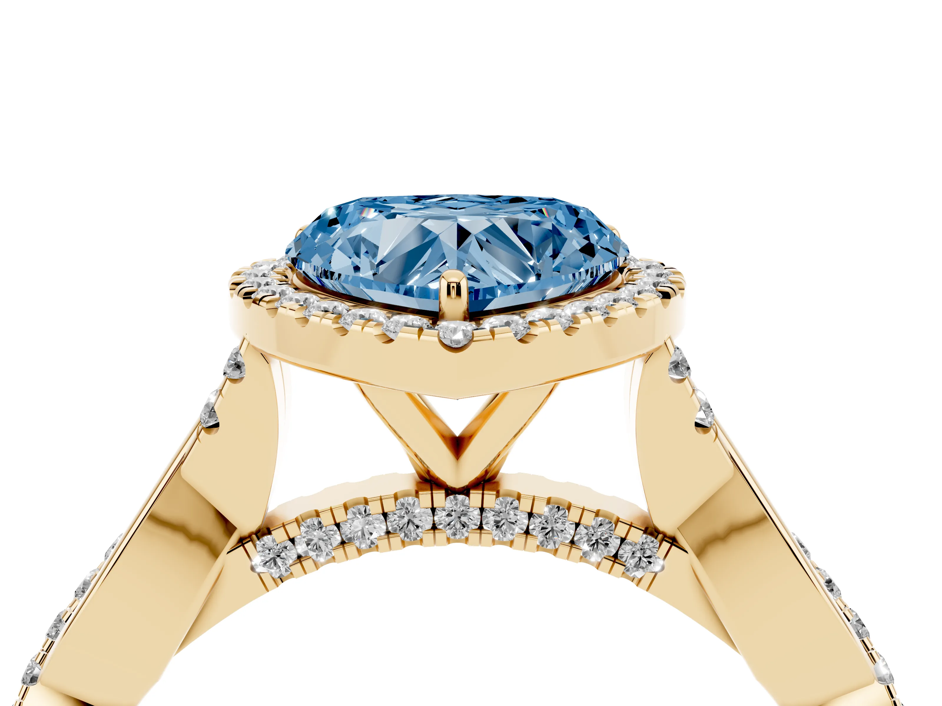 Fancy Blue Heart Cut Diamond Halo Twist Band Solitaire Ring Set in Yellow gold with Prong Setting