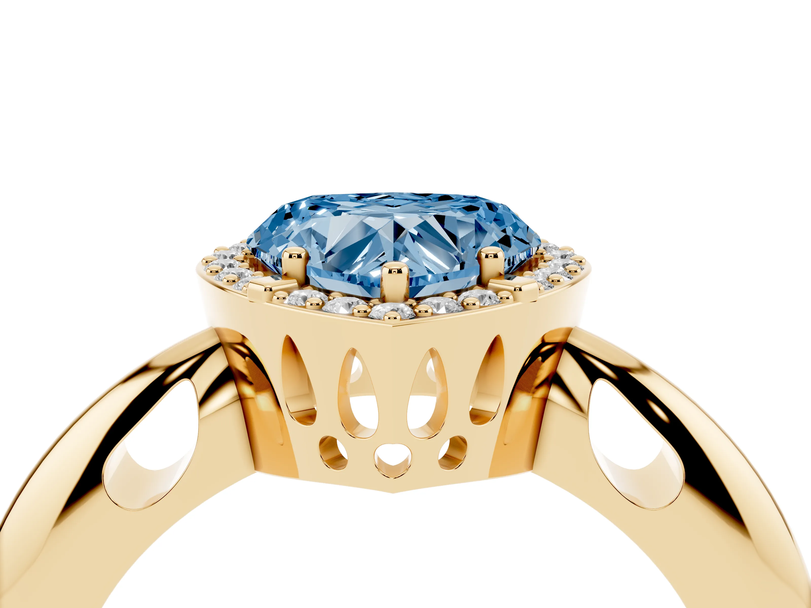 Fancy Blue Heart Cut Diamond Halo Engagement Ring Set in Yellow gold with Plain Split Shank and Prong Setting