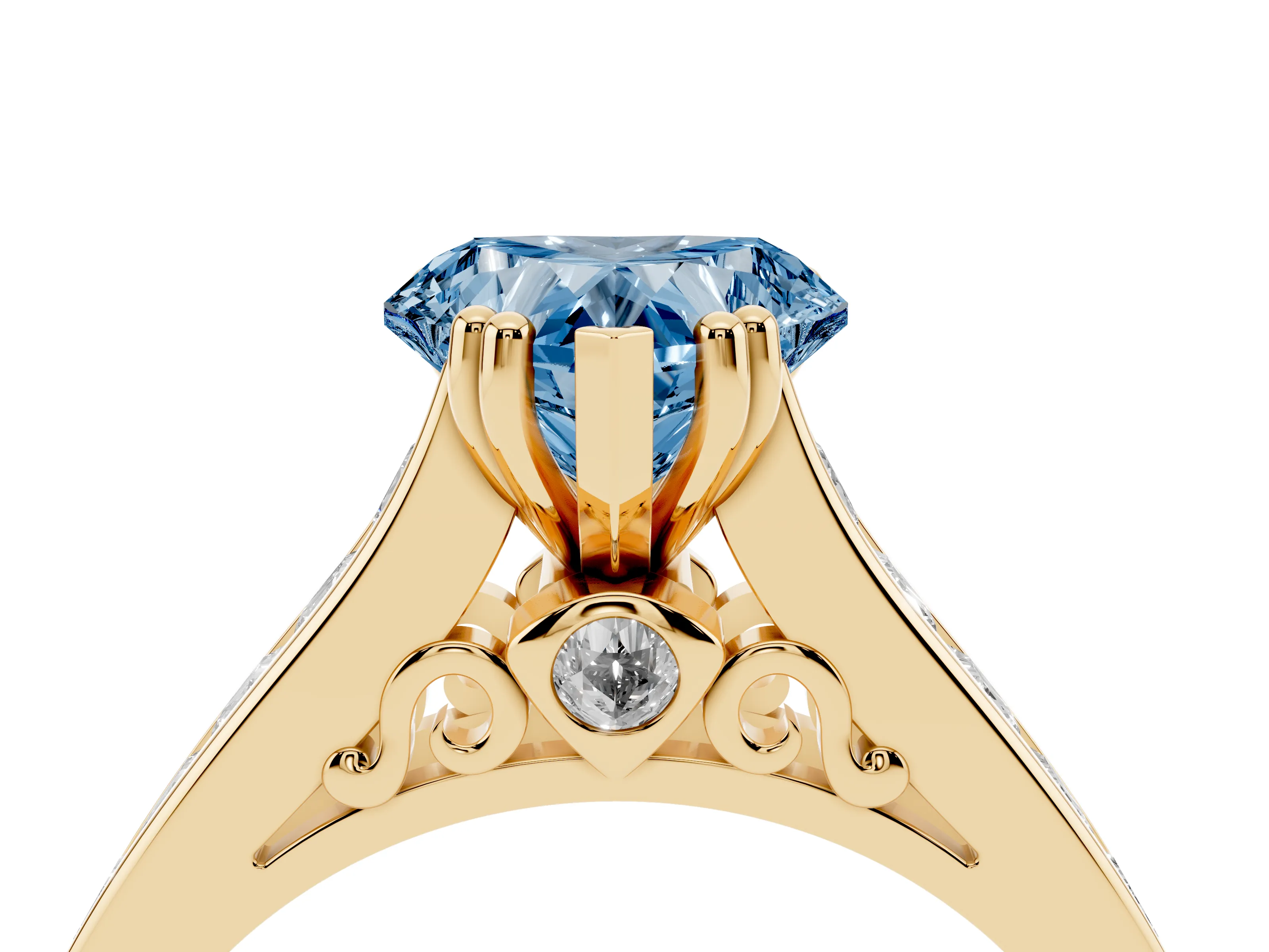 Fancy Blue Heart Cut Diamond Channel Set Solitaire Engagement Ring Set in Yellow gold with Prong Setting