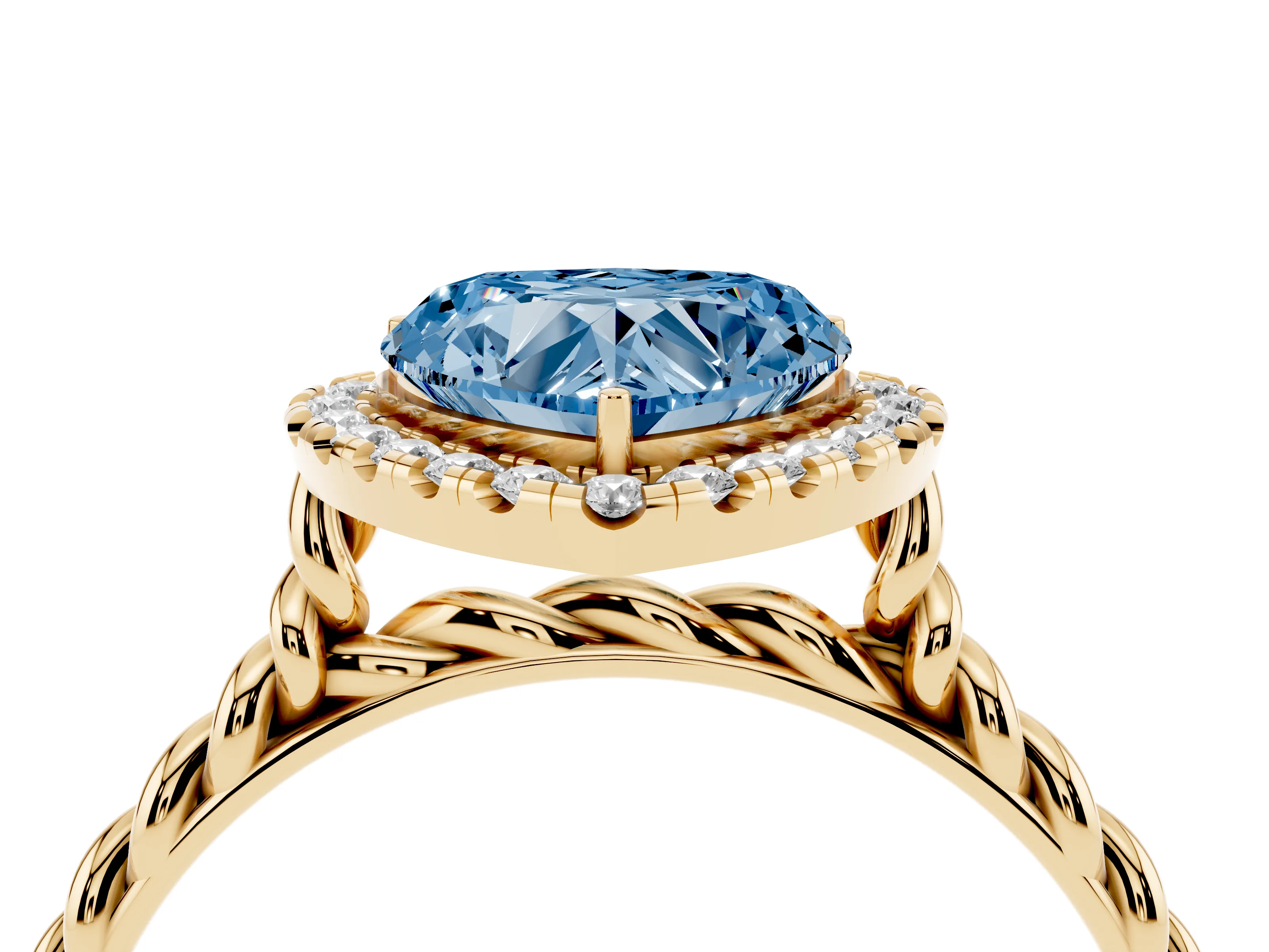 Fancy Blue Heart Cut Diamond Halo Ring Set in Yellow gold with Plain Twisted Band