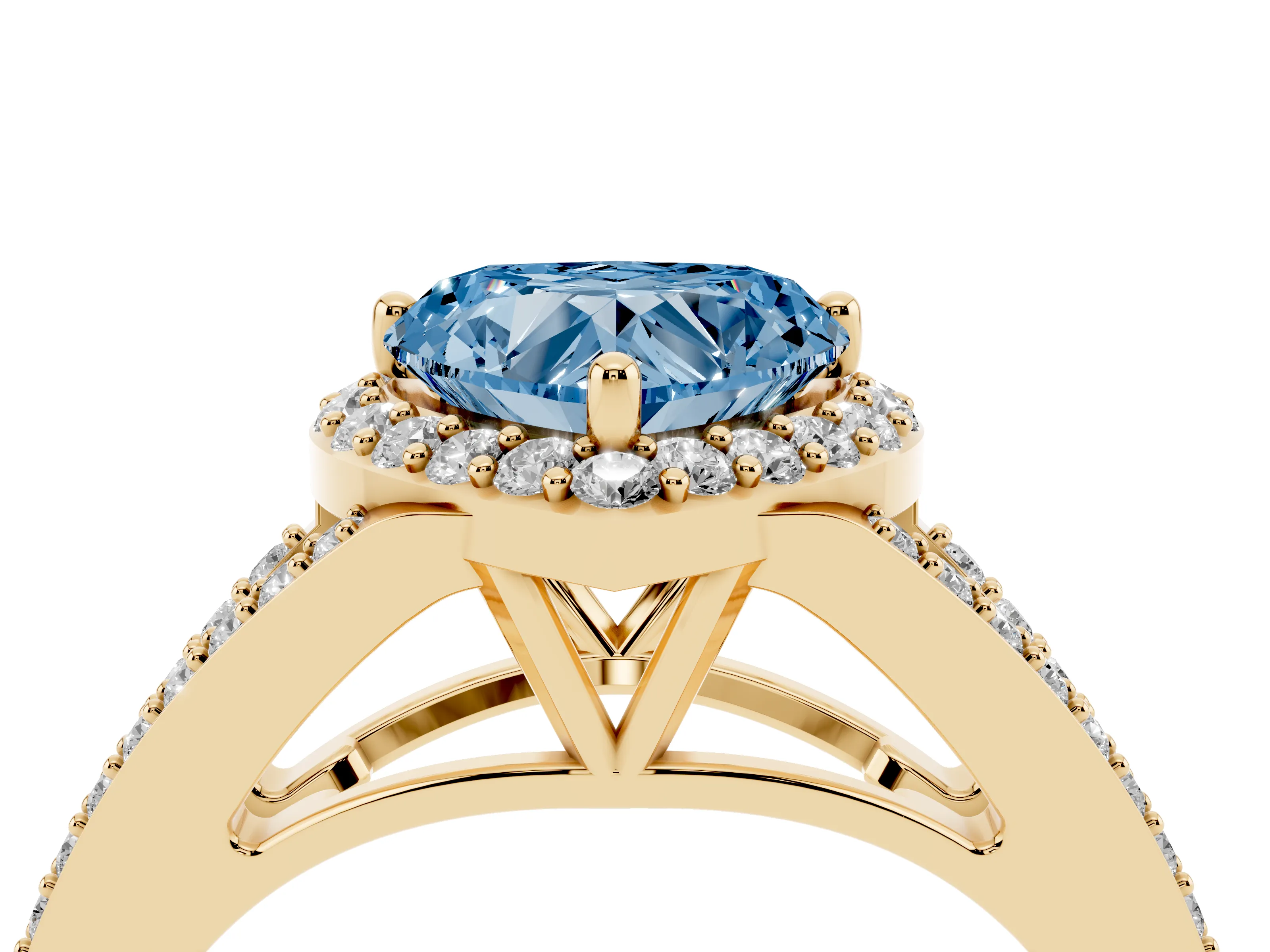 Fancy Blue Heart Cut Diamond Halo Split Shank Pavé Ring Set in Yellow gold with Prong Setting