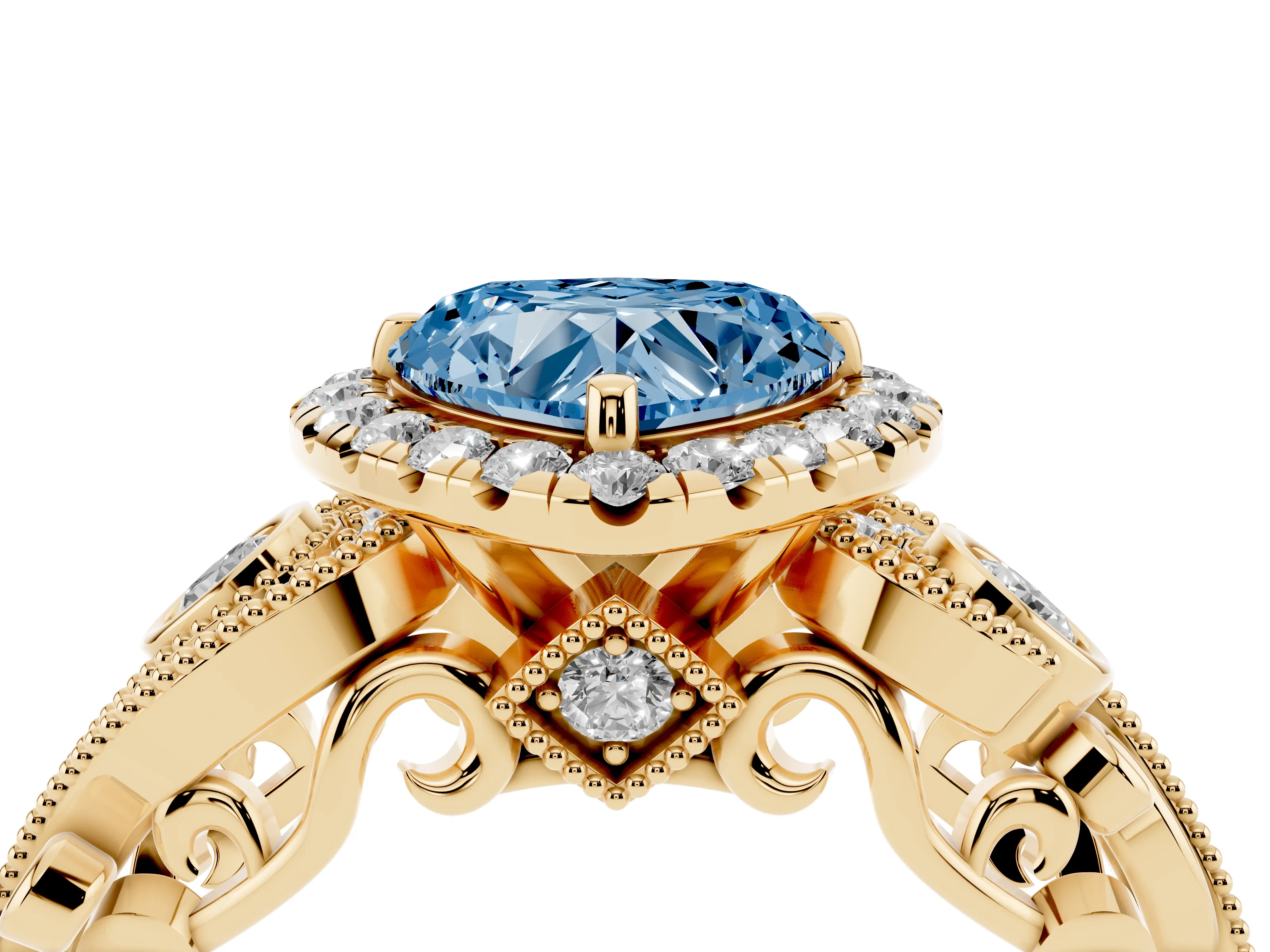 Fancy Blue Heart Cut Diamond Halo Ring Set in Yellow gold with Milgrain Pavé Band and Prong Setting