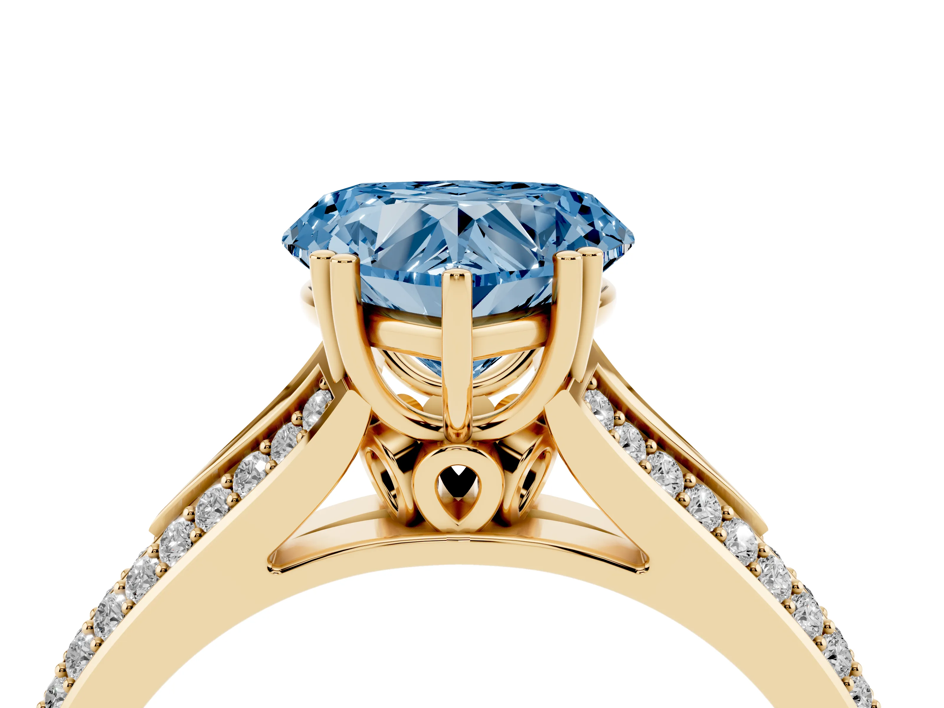 Fancy Blue Heart Cut Diamond Split Shank Pavé Engagement Ring Set in Yellow gold with Prong-Set Center Stone