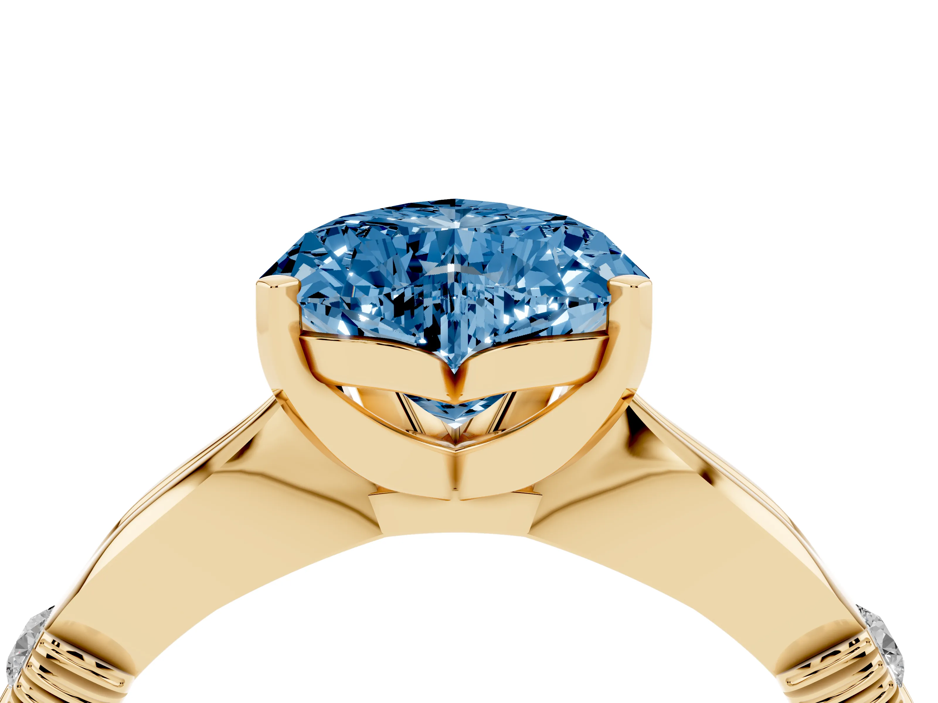Fancy Blue Heart Cut Diamond Solitaire Twisted Band Ring Set in Yellow gold with Accent Stones and Prong Setting