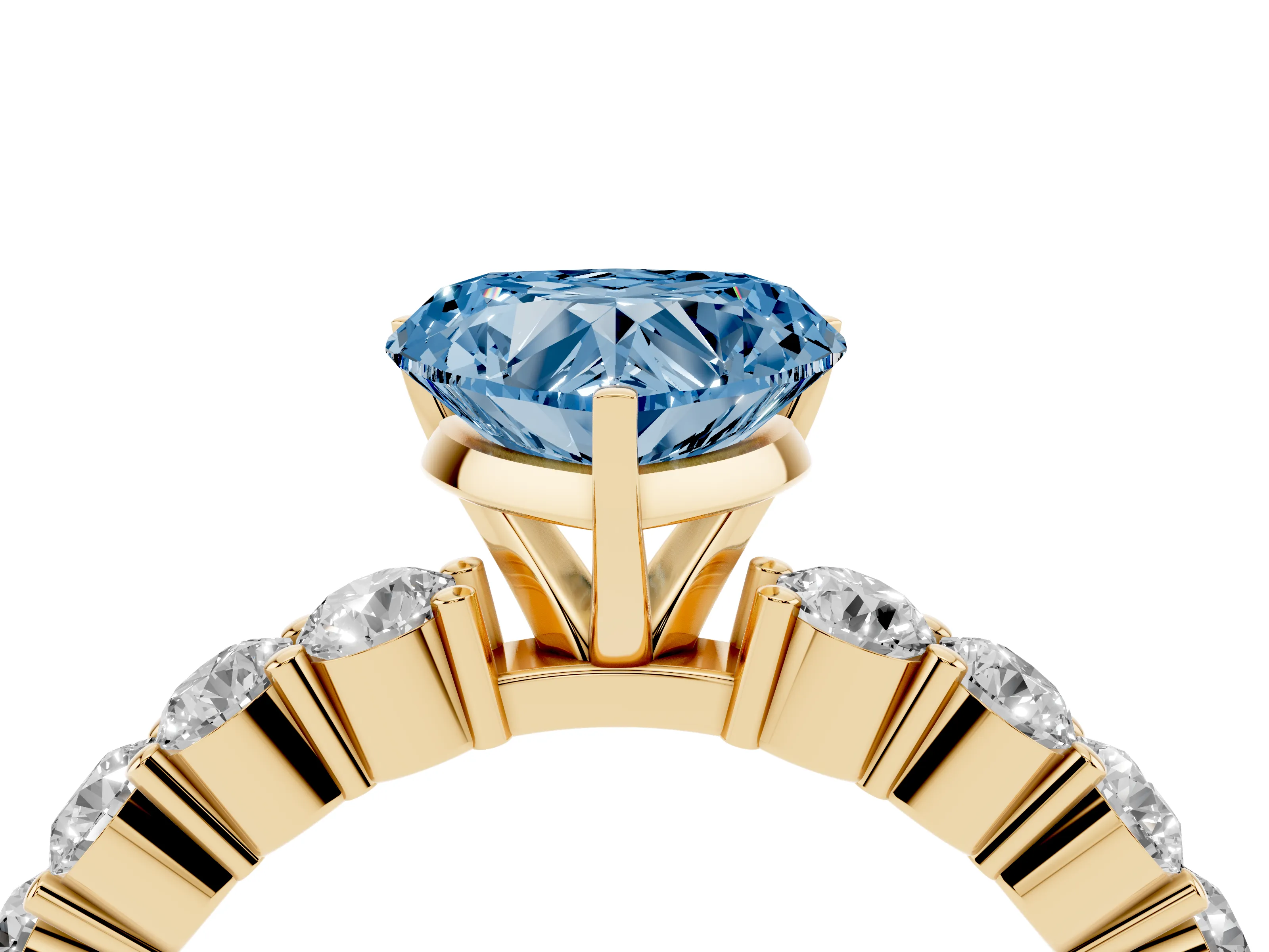 Fancy Blue Heart Cut Diamond Solitaire Ring Set in Yellow gold with Shared Prong Round Side Stones