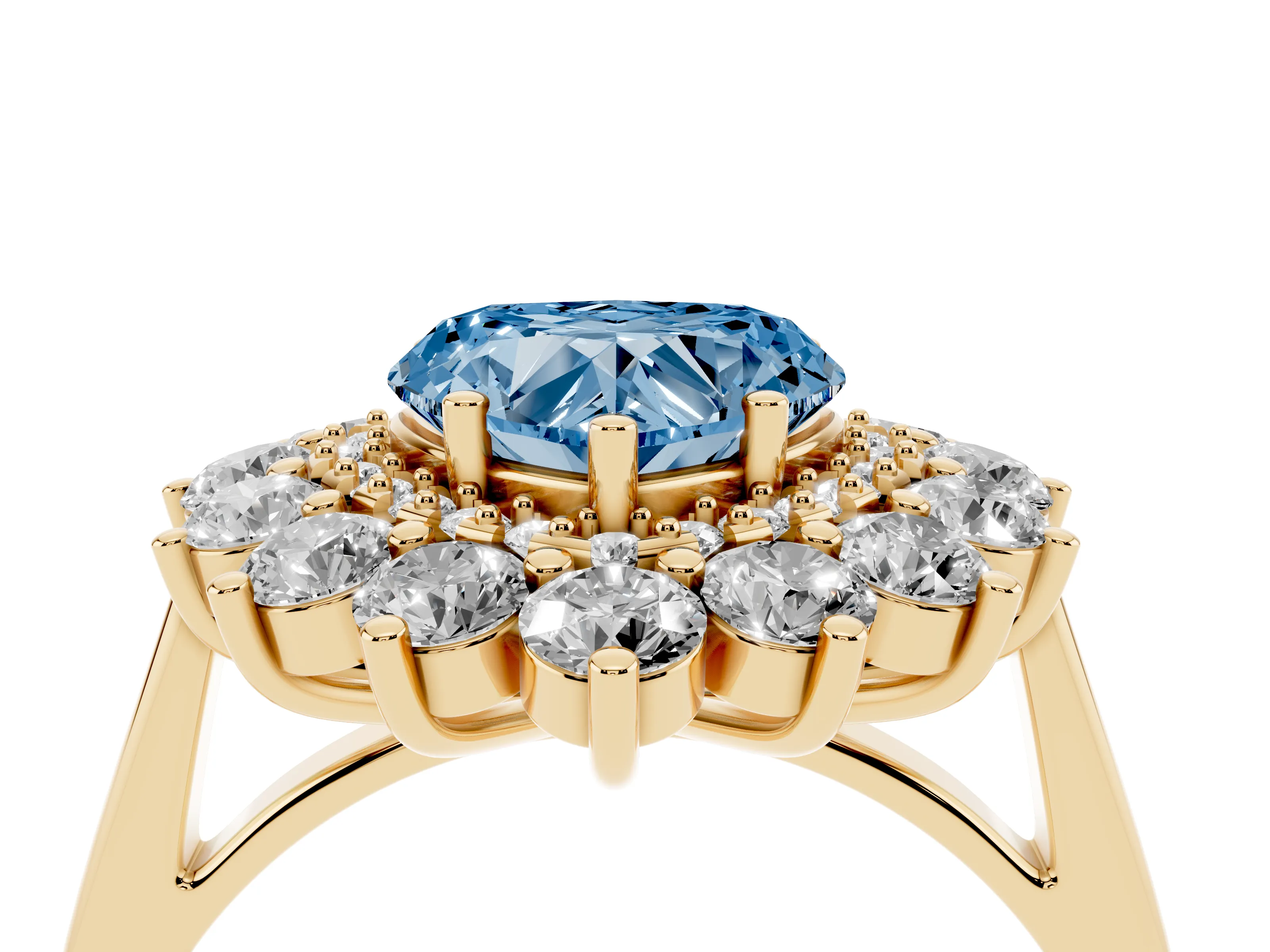 Fancy Blue Heart Cut Diamond Floral Double Halo Ring Set in Yellow gold with Round Petals