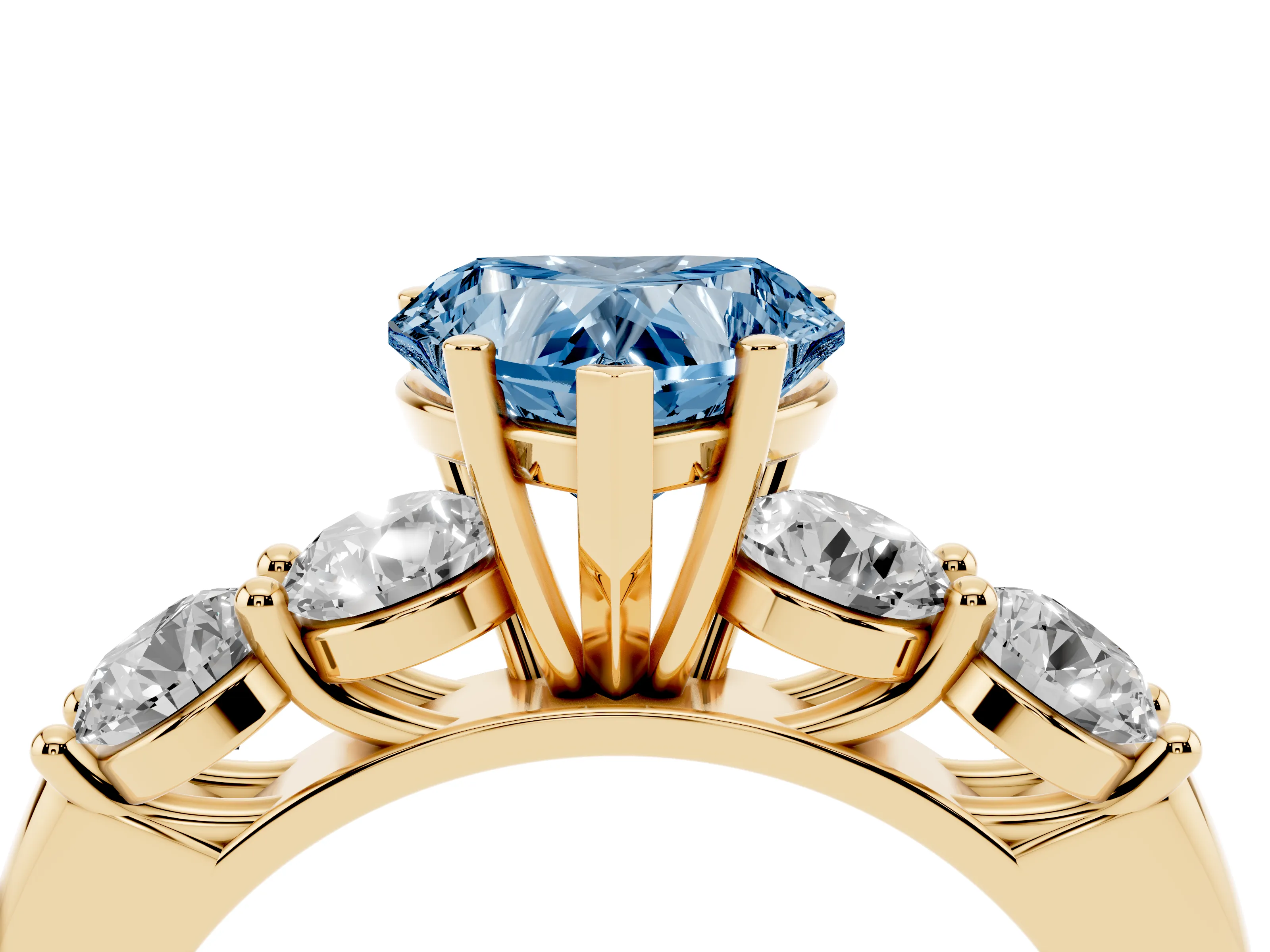 Fancy Blue Heart Cut Diamond Five-Stone Prong Set Ring Set in Yellow gold with Classic Band