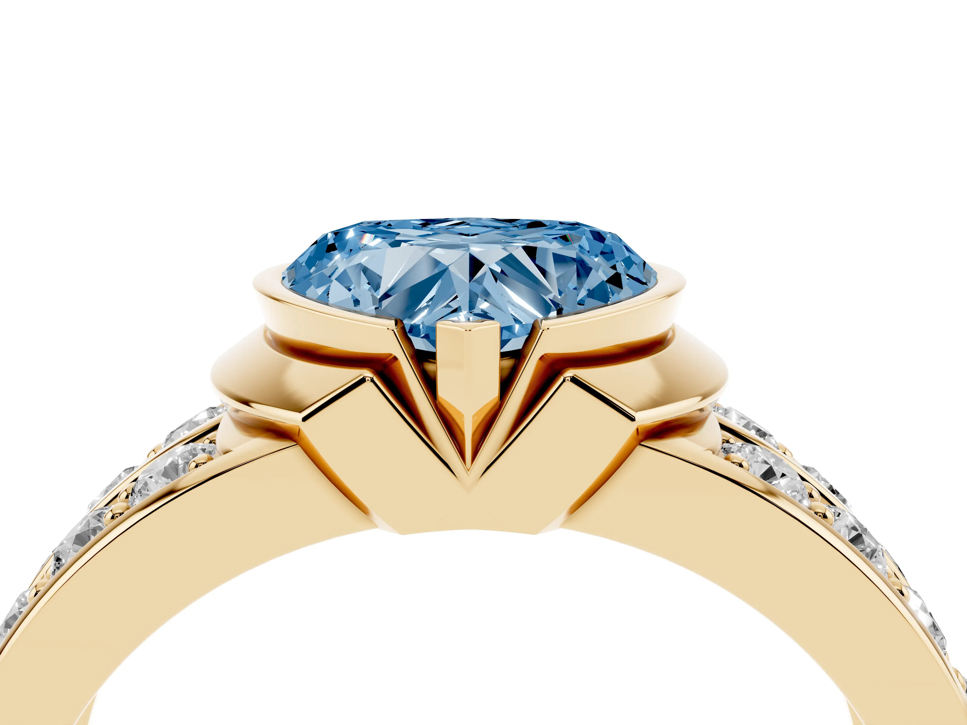Fancy Blue Heart Cut Diamond Wide Channel Set Band Ring Set in Yellow gold with Bezel Setting