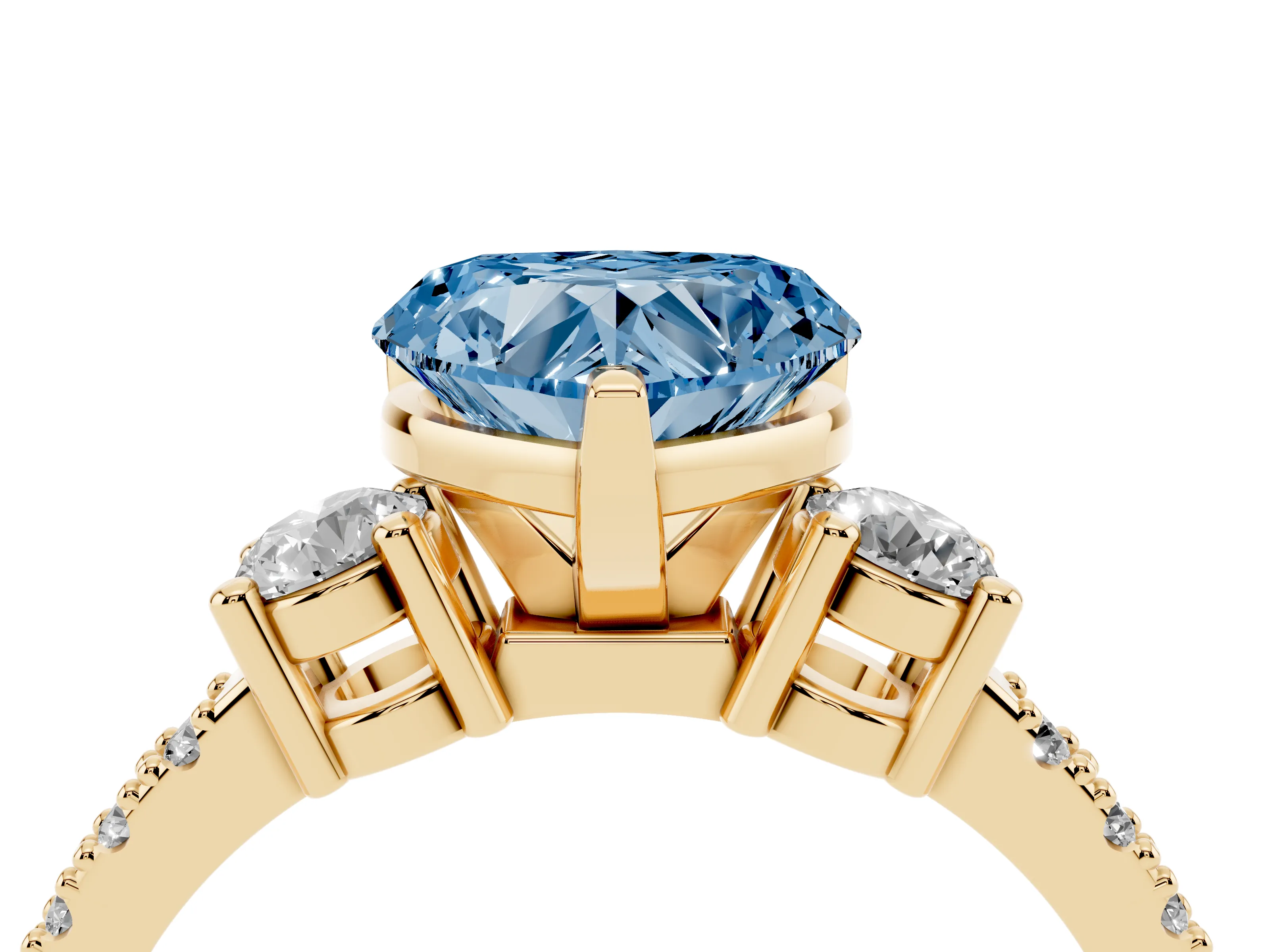 Fancy Blue Three-Stone Heart Cut Diamond Pavé Band Ring Set in Yellow gold with Prong Setting