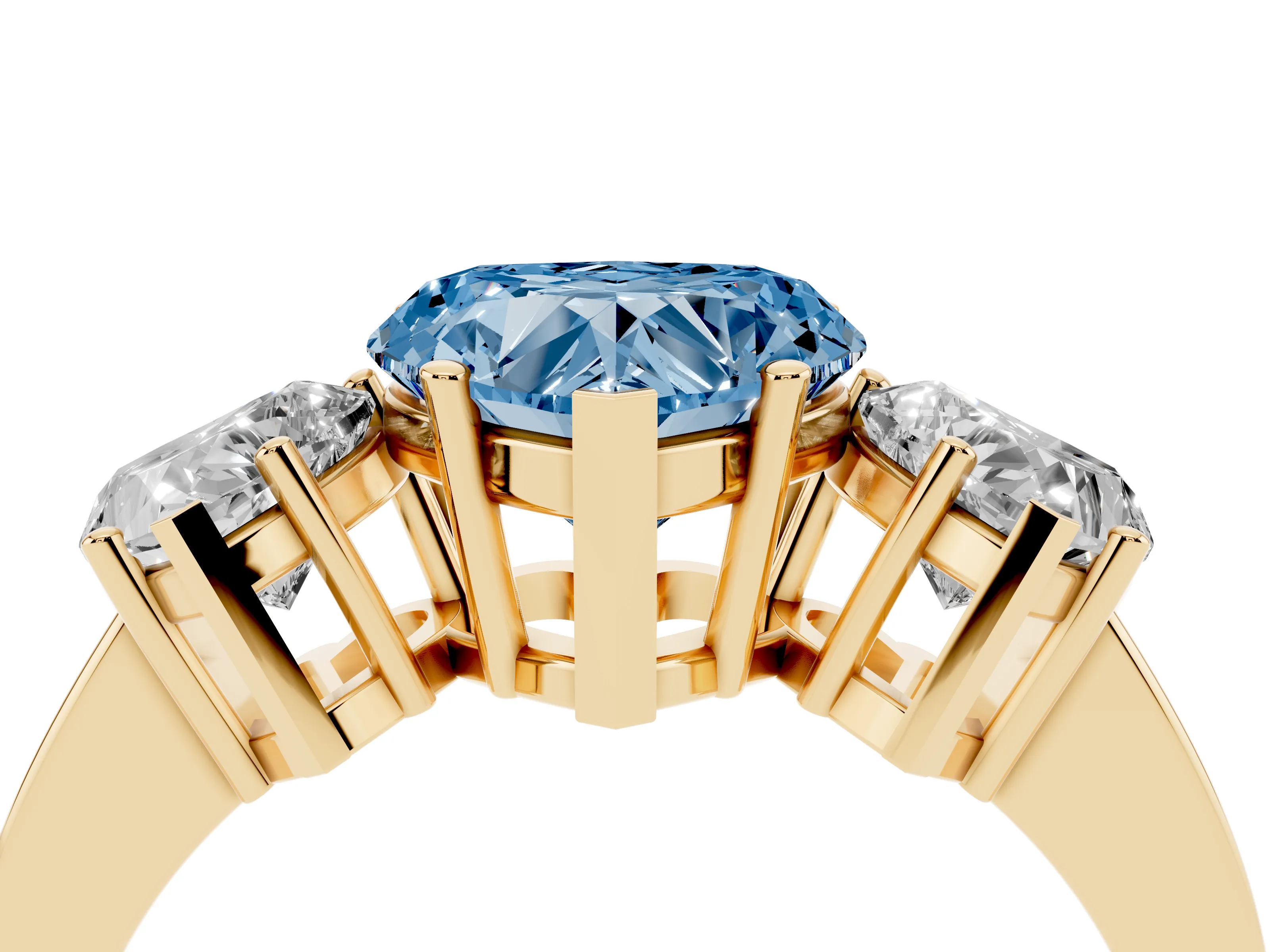Fancy Blue Heart Cut Diamond Three-Stone Engagement Ring Set in Yellow gold with Flat Band