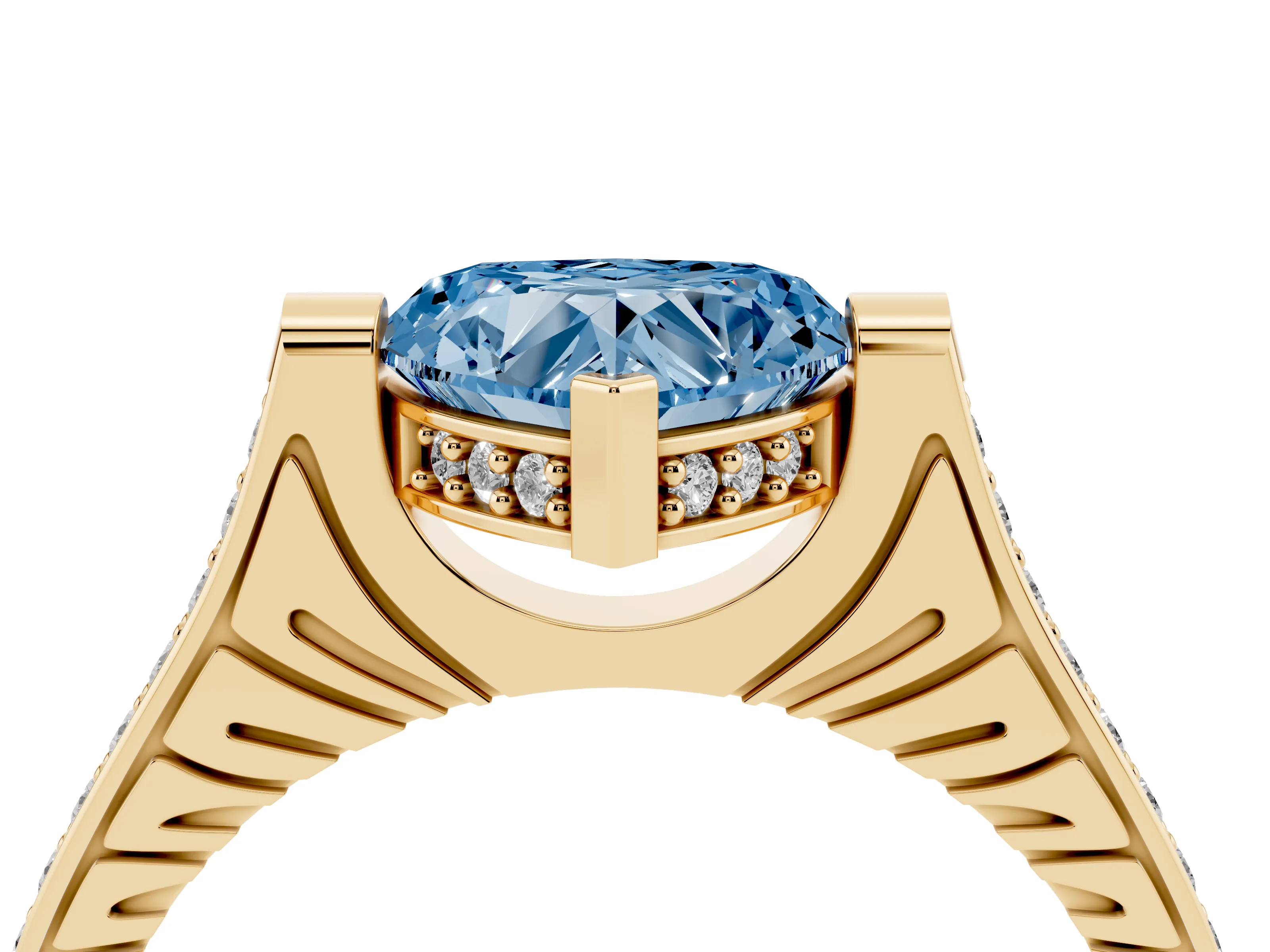 Fancy Blue Heart Cut Diamond Solitaire Ring Set in Yellow gold with Channel Set Band and Bezel Prong Setting