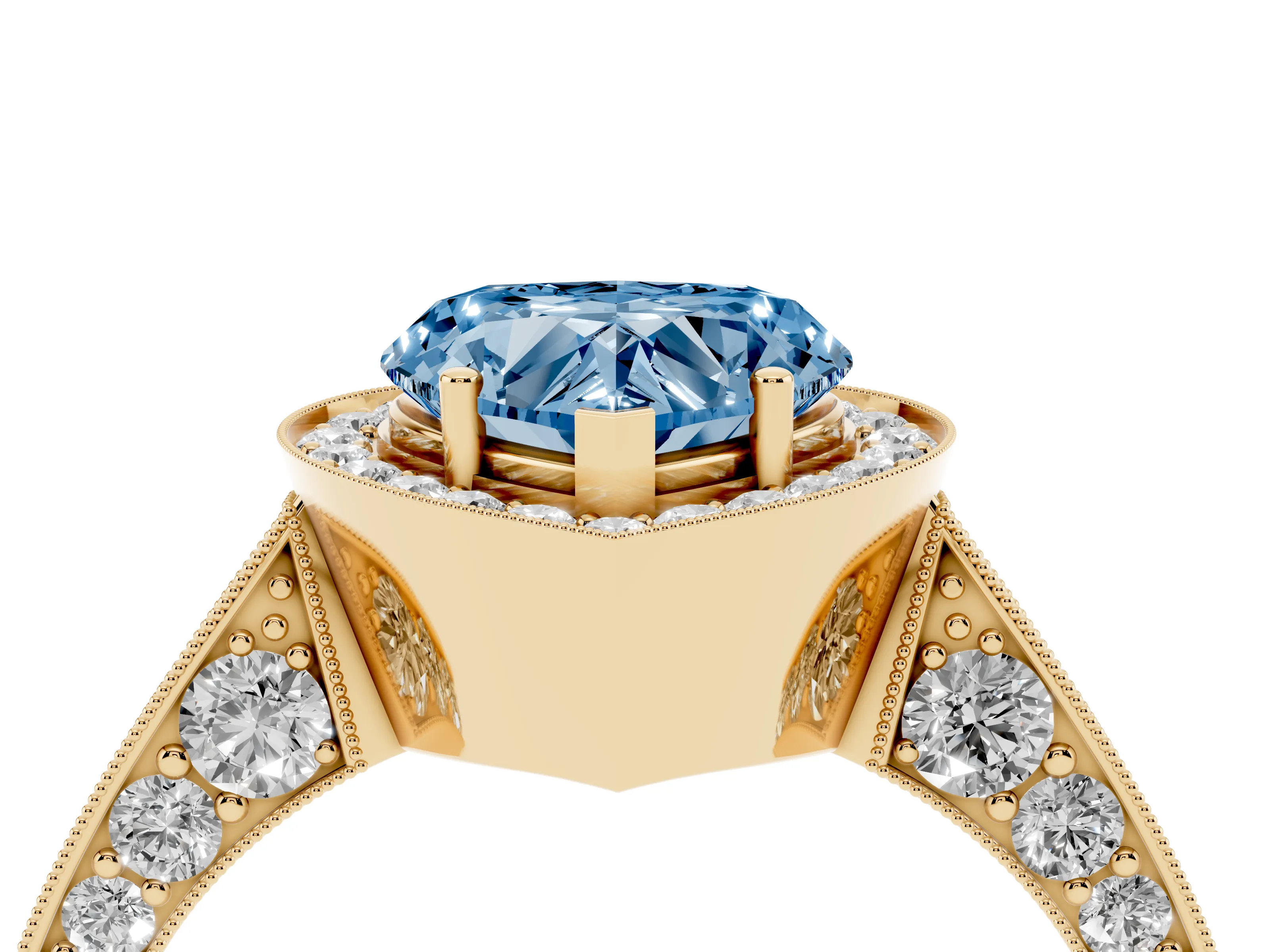 Fancy Blue Heart Cut Diamond Halo Engagement Ring Set in Yellow gold with Accent Split Shank Band