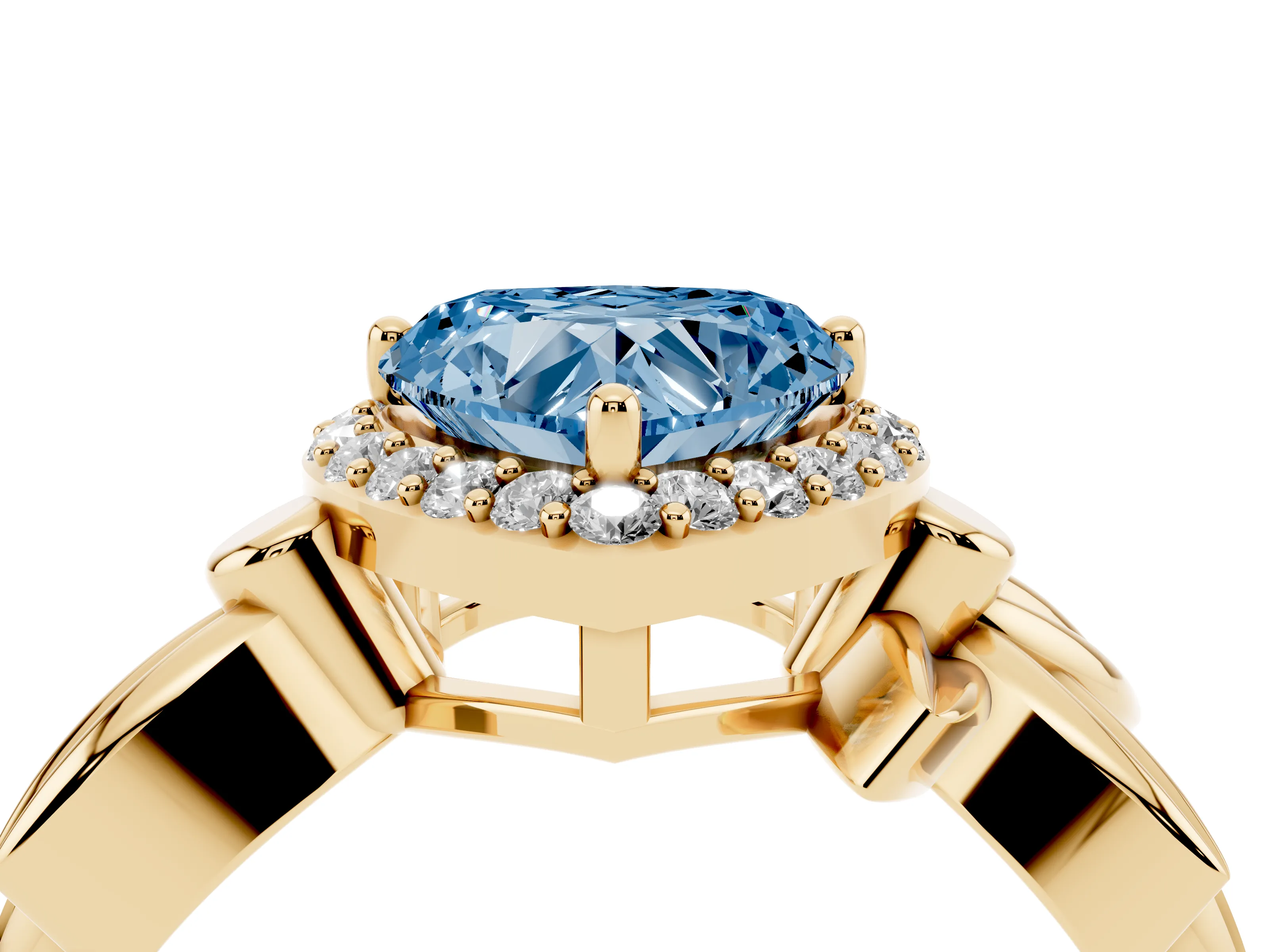 Fancy Blue Heart Cut Diamond Halo Floral Band Ring Set in Yellow gold with Prong Setting
