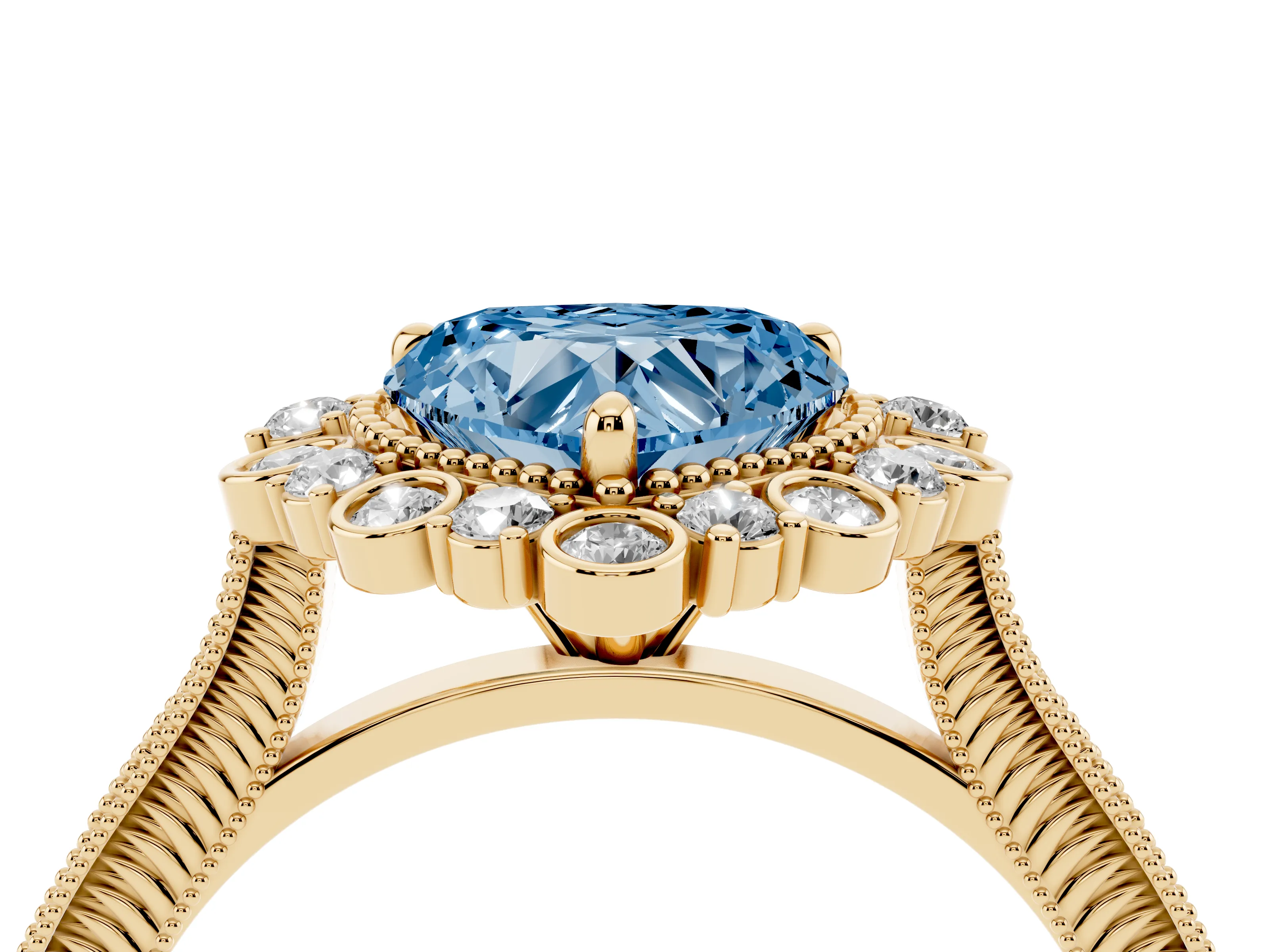 Fancy Blue Heart Cut Diamond Halo Milgrain Pavé Ring Set in Yellow gold with Prong Setting