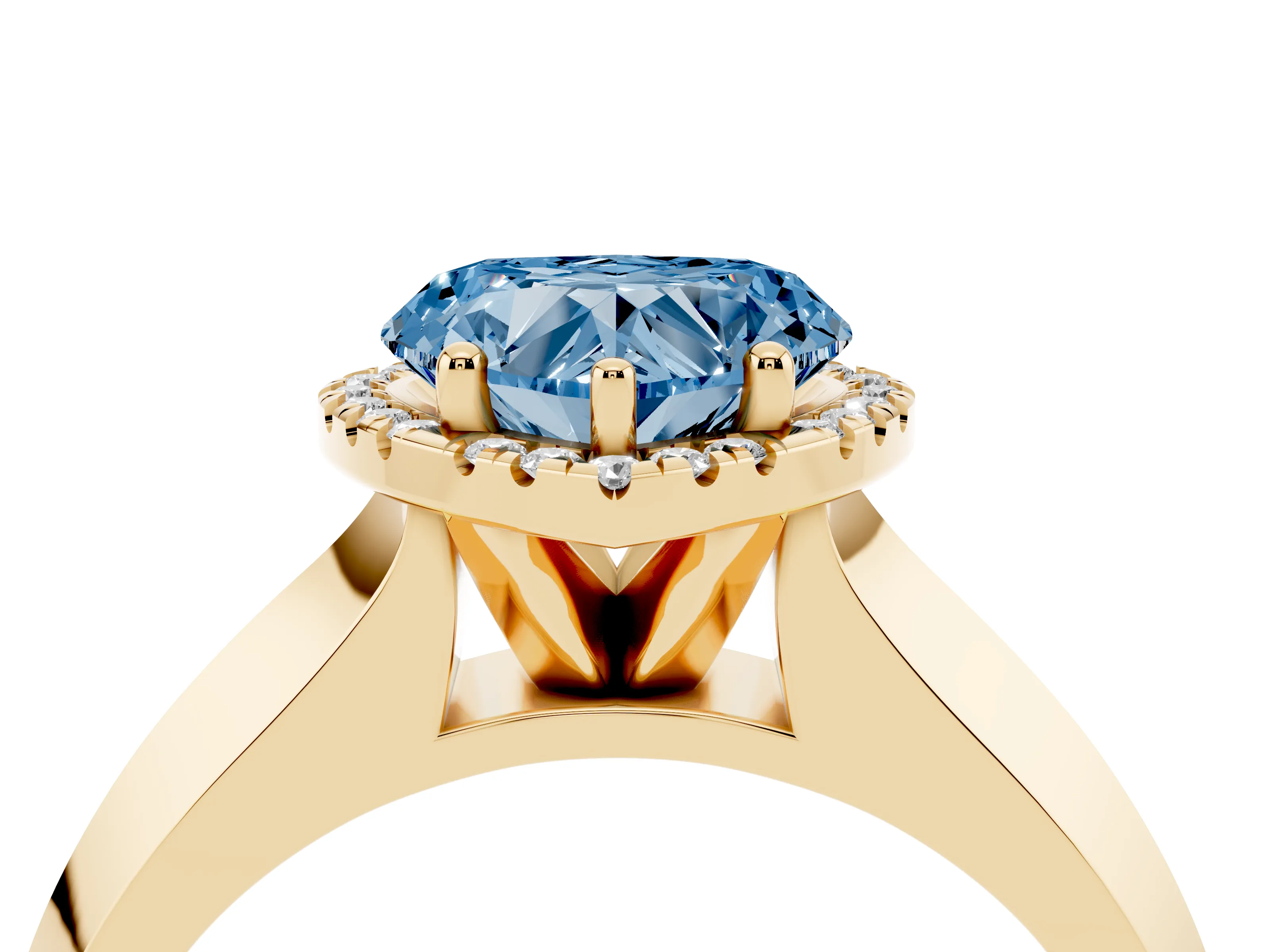 Fancy Blue Heart Cut Diamond Halo Ring Set in Yellow gold with Cathedral Band and Prong Setting
