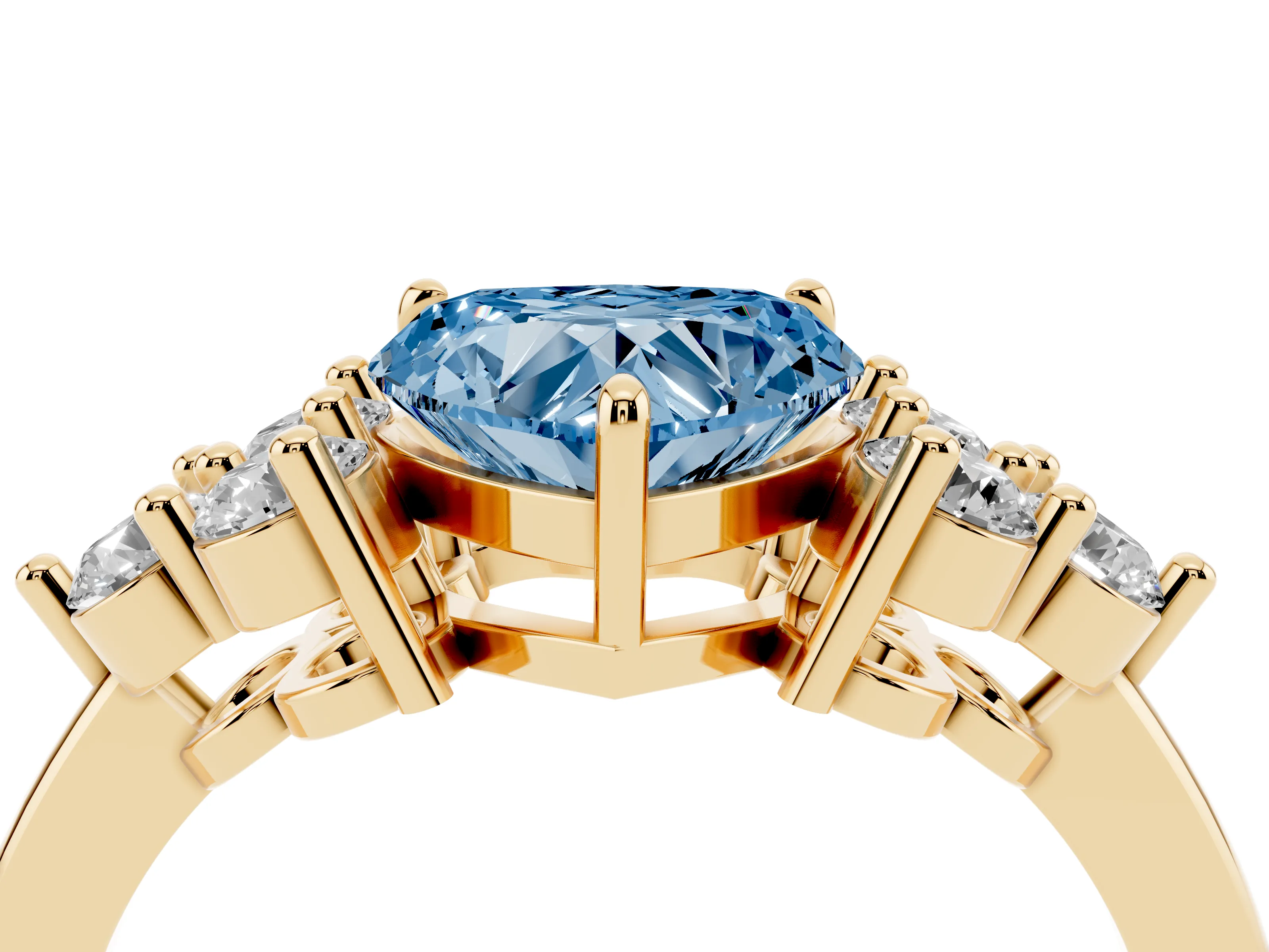 Fancy Blue Heart Cut Diamond Solitaire Ring Set in Yellow gold with Cluster Accents on Each Side