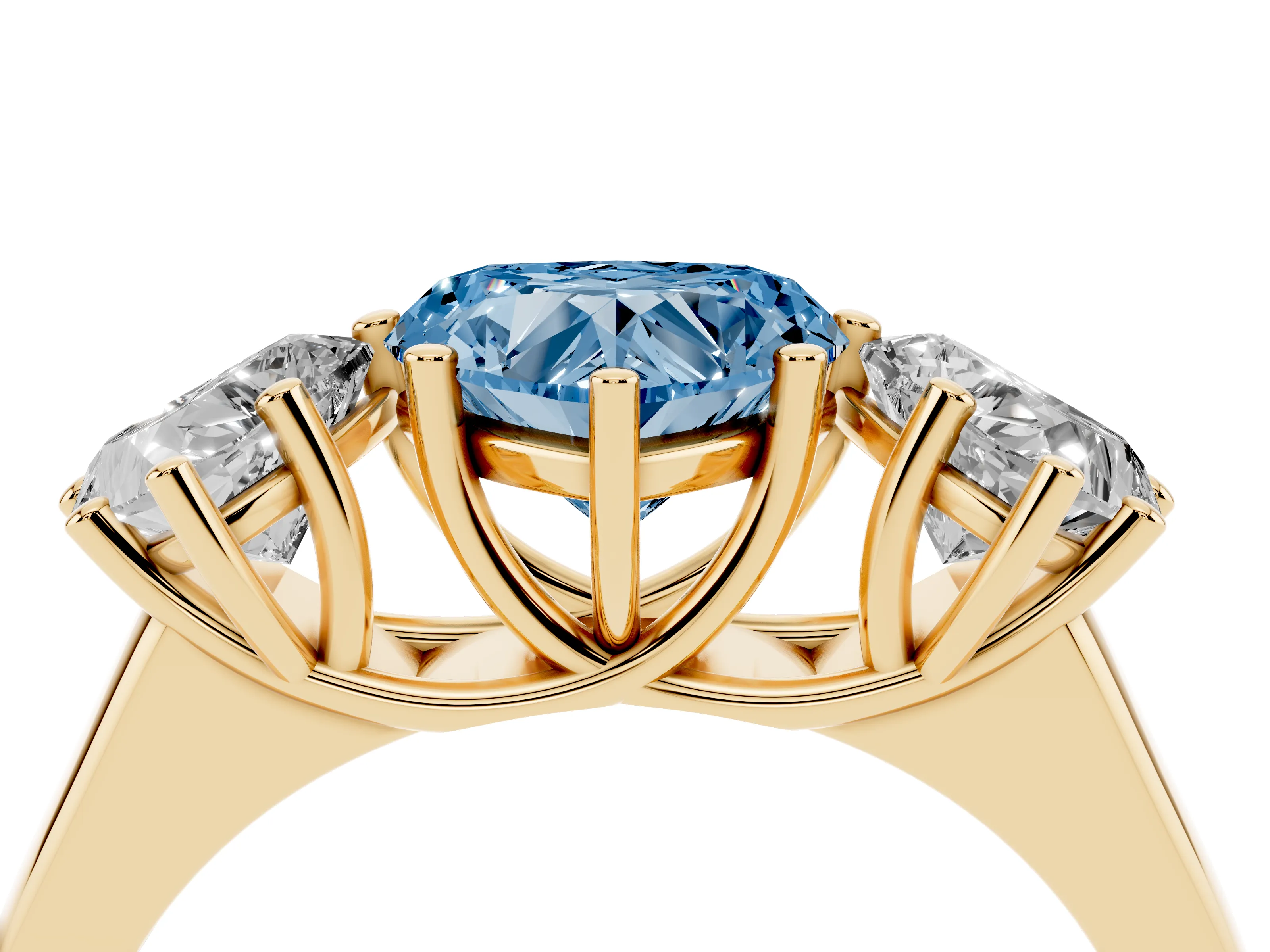 Fancy Blue Heart Cut Diamond Three-Stone Ring Set in Yellow gold with Plain Polished Band