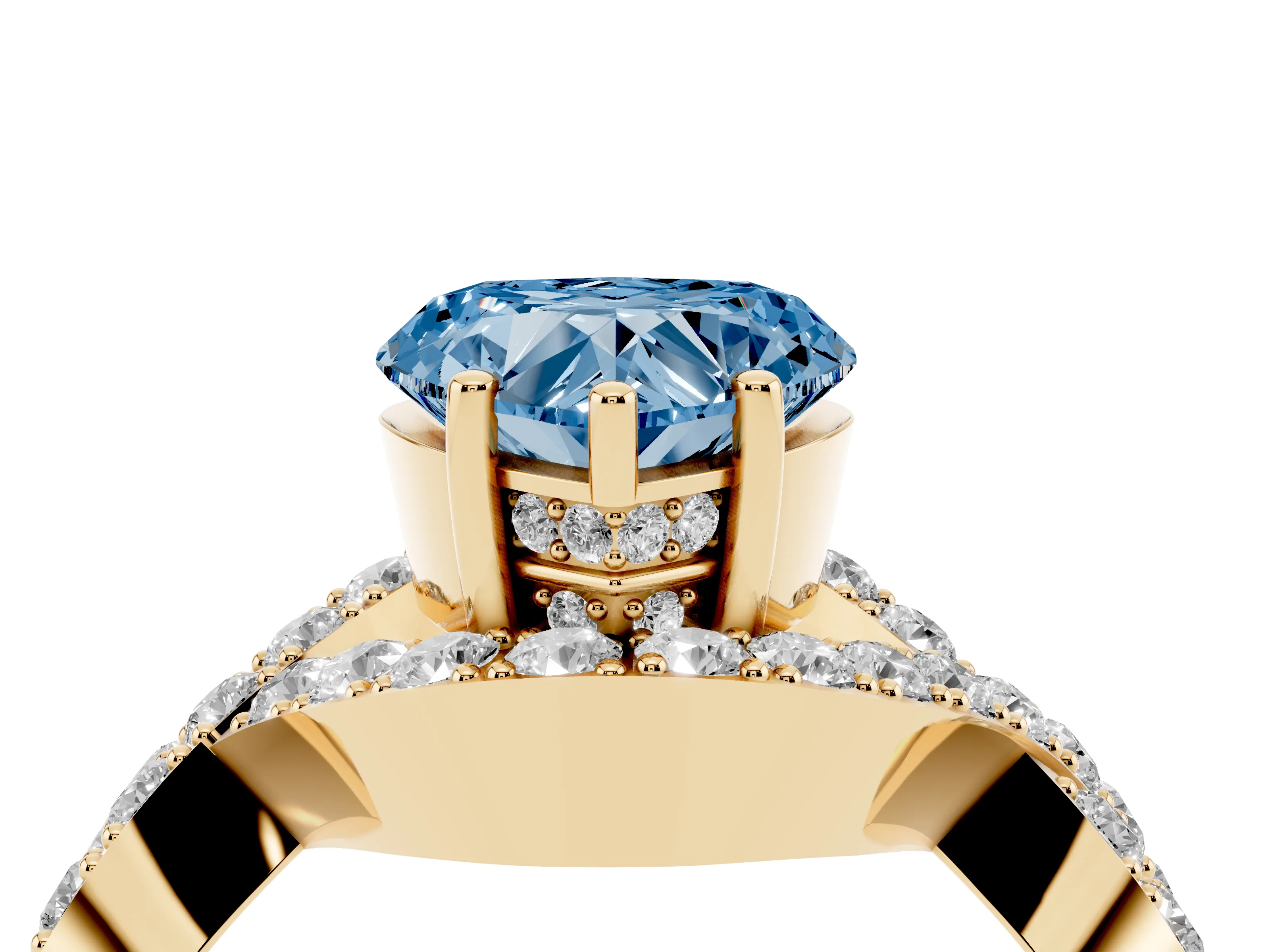 Fancy Blue Heart Cut Diamond Solitaire Twist Band Pavé Engagement Ring Set in Yellow gold