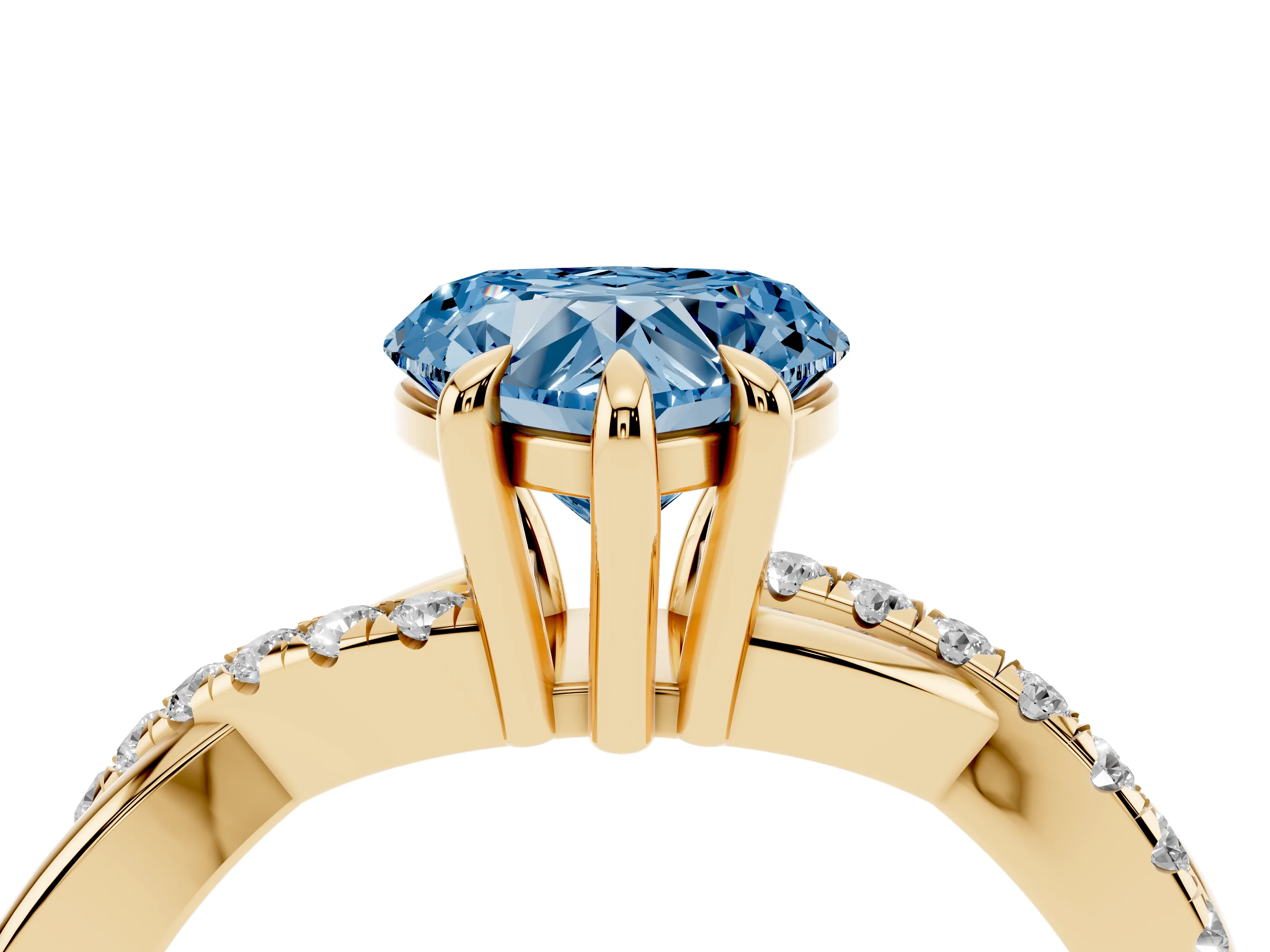 Fancy Blue Heart Cut Diamond Twist Band Solitaire Set in Yellow gold with Pavé Accents and Prong Setting