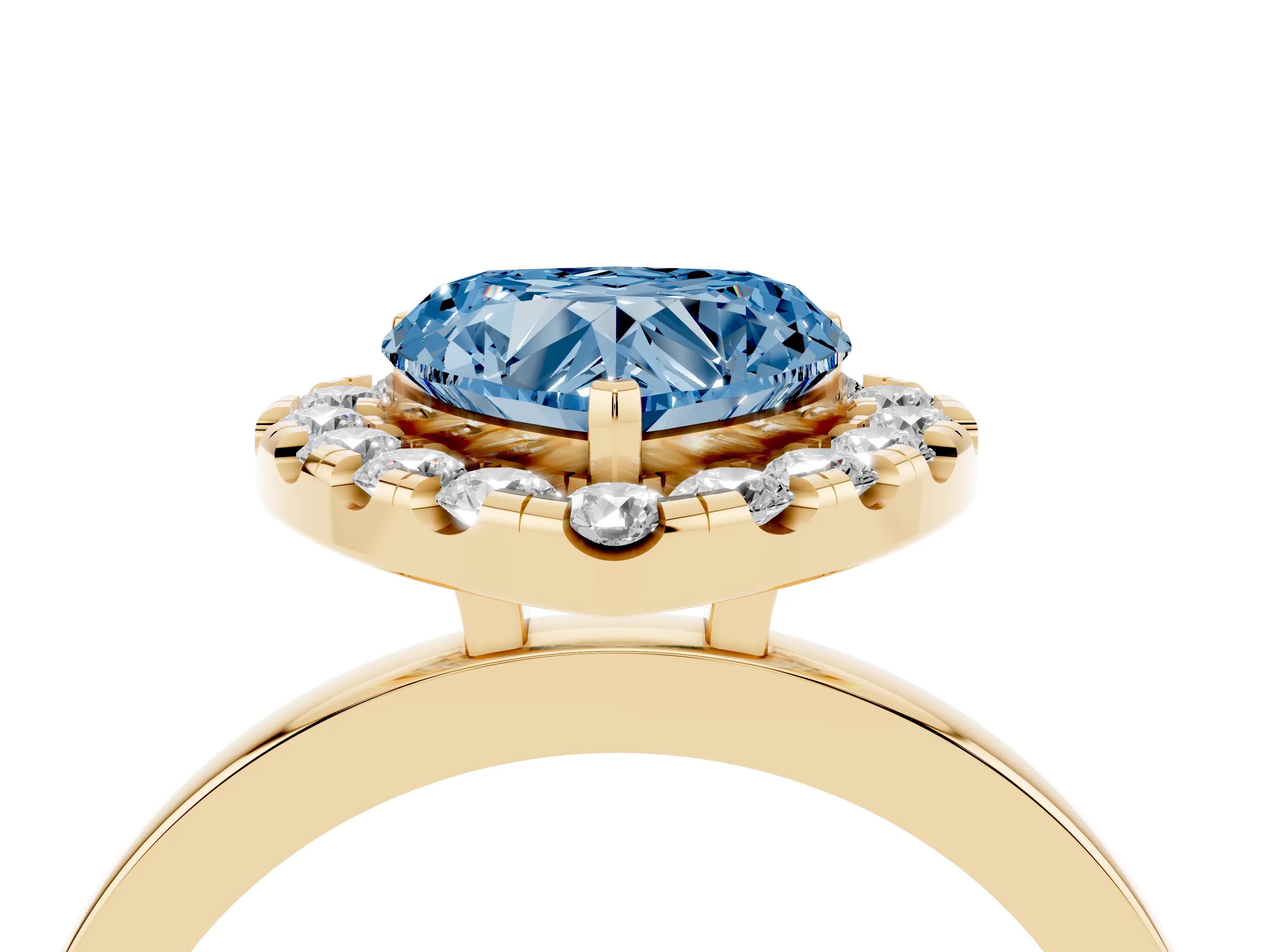 Fancy Blue Heart Cut Diamond Halo Solitaire Ring Set in Yellow gold with Pavé Band and Prong Setting
