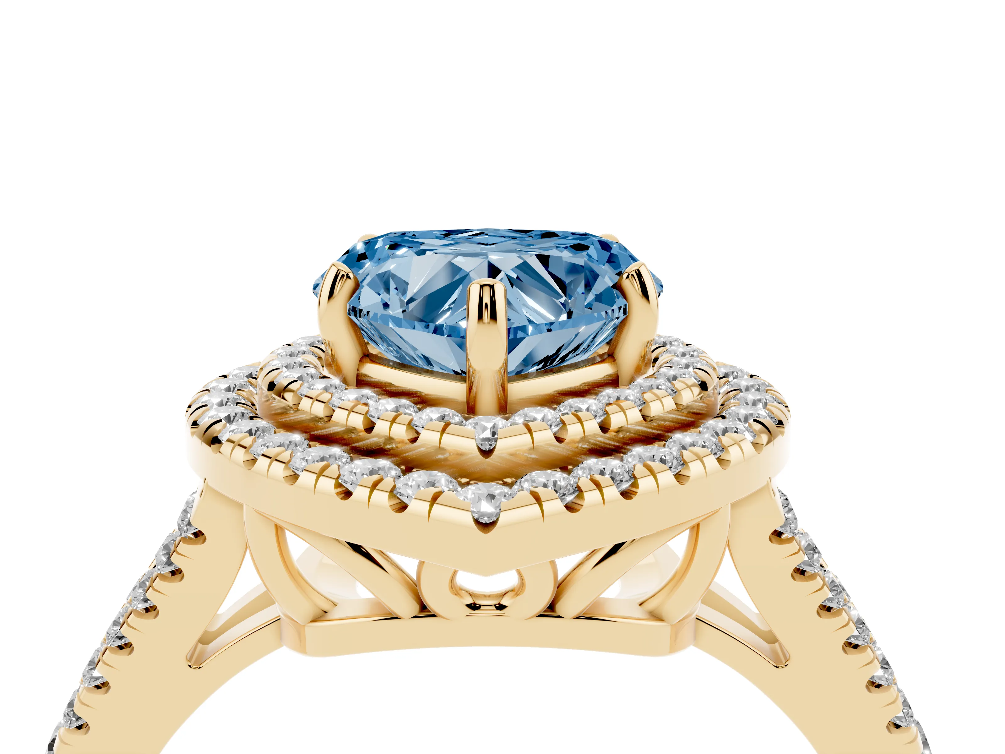 Fancy Blue Heart Cut Diamond Double Halo Ring Set in Yellow gold with Pavé Band