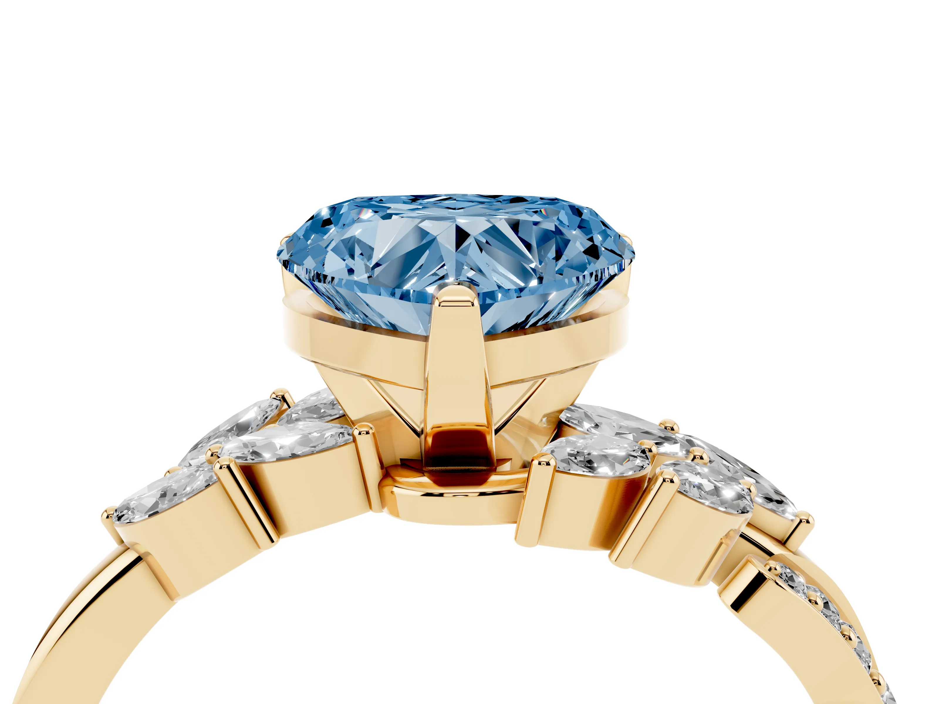 Fancy Blue Heart Cut Diamond Solitaire Ring Set in Yellow gold with Marquise Twist Band and Prong Setting