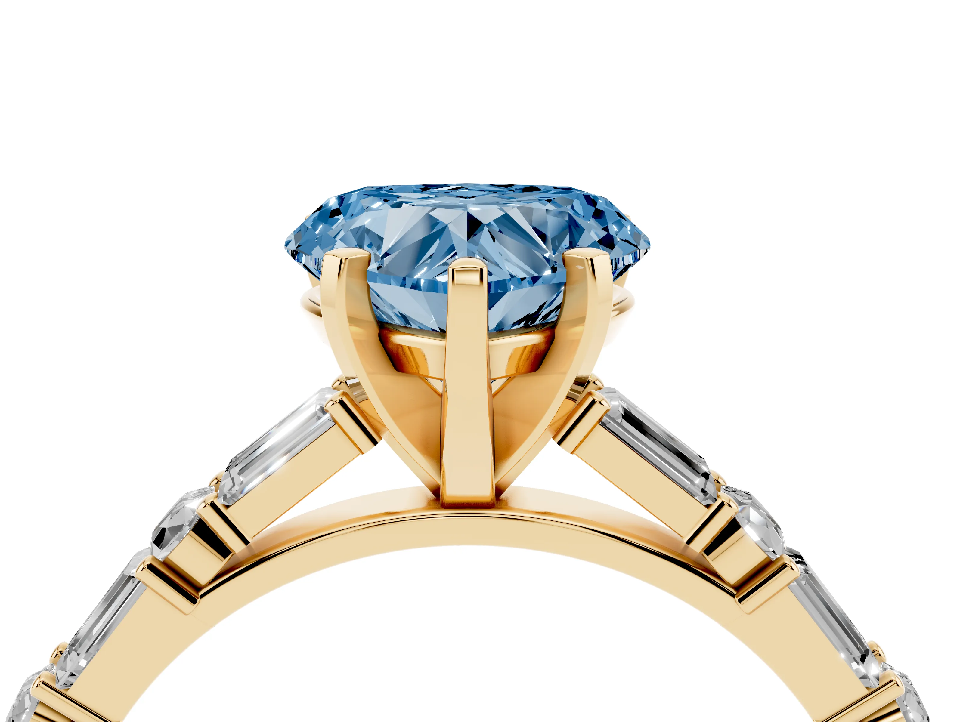 Fancy Blue Heart Cut Diamond Solitaire Set in Yellow gold with Side Baguettes and Channel Set Band