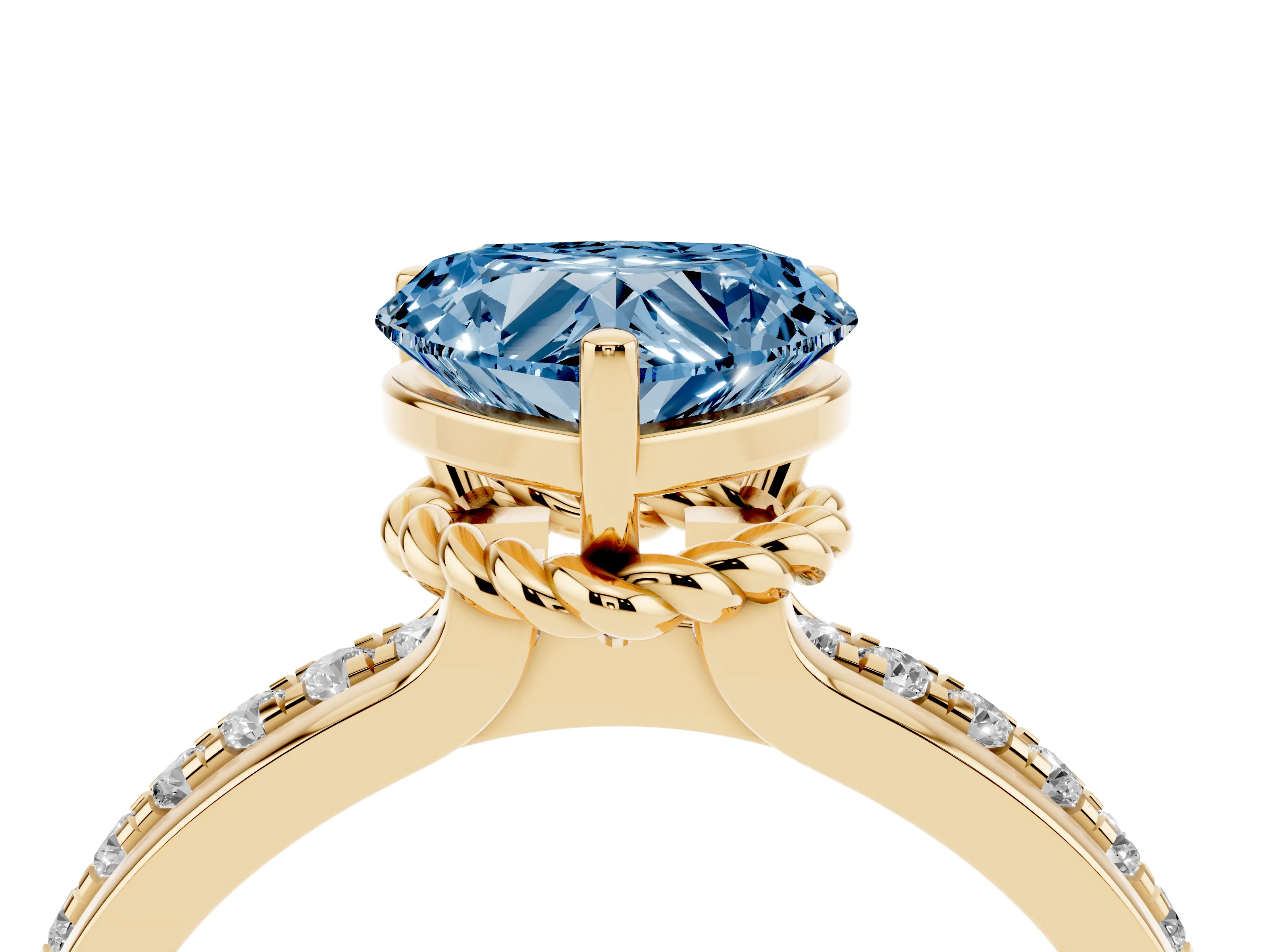 Fancy Blue Heart Cut Diamond Solitaire Ring Set in Yellow gold with Channel Set Band and Prong Setting