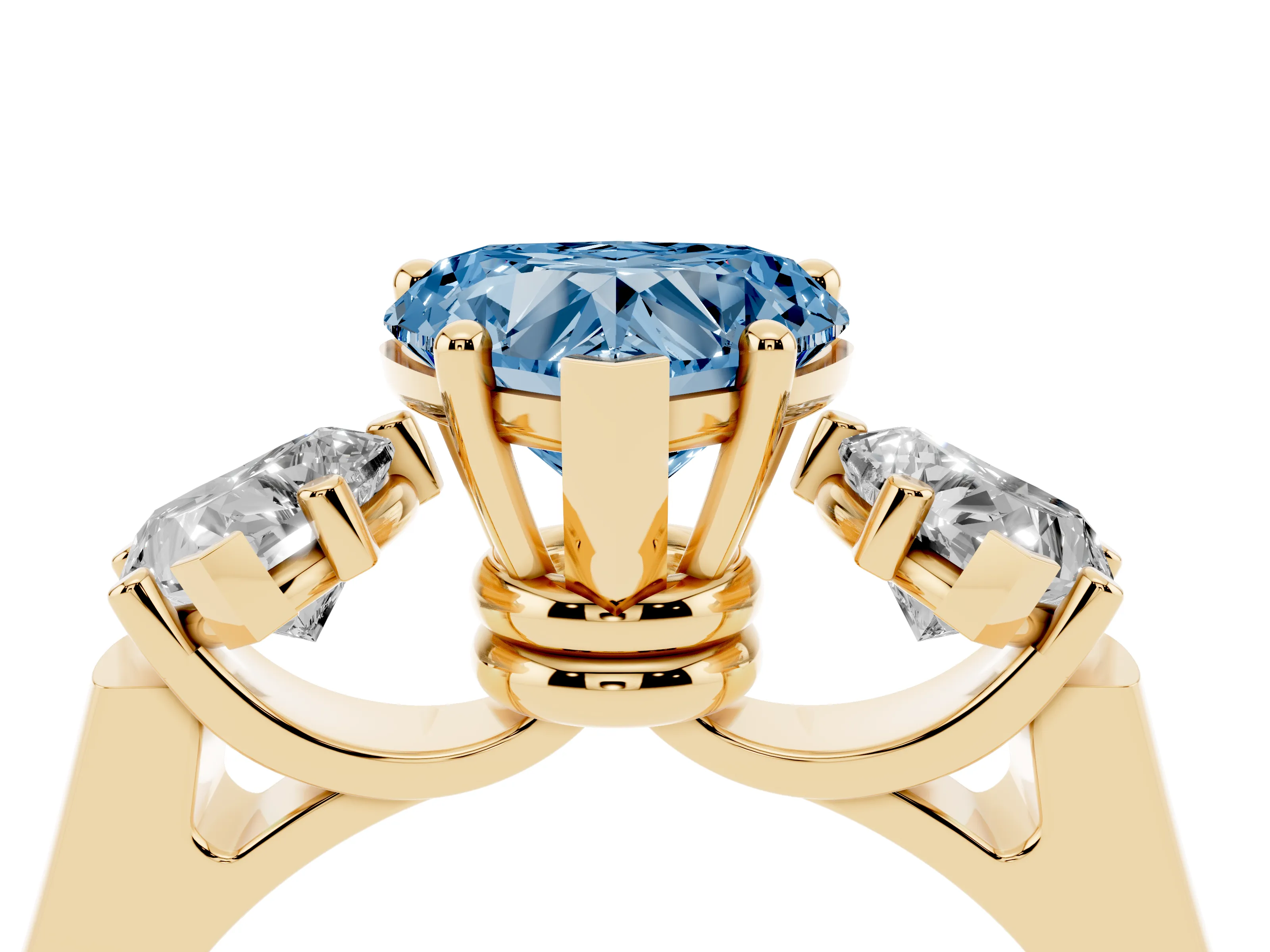 Fancy Blue Heart Cut Diamond Three-Stone Trellis Ring Set in Yellow gold with Comfort Fit Band