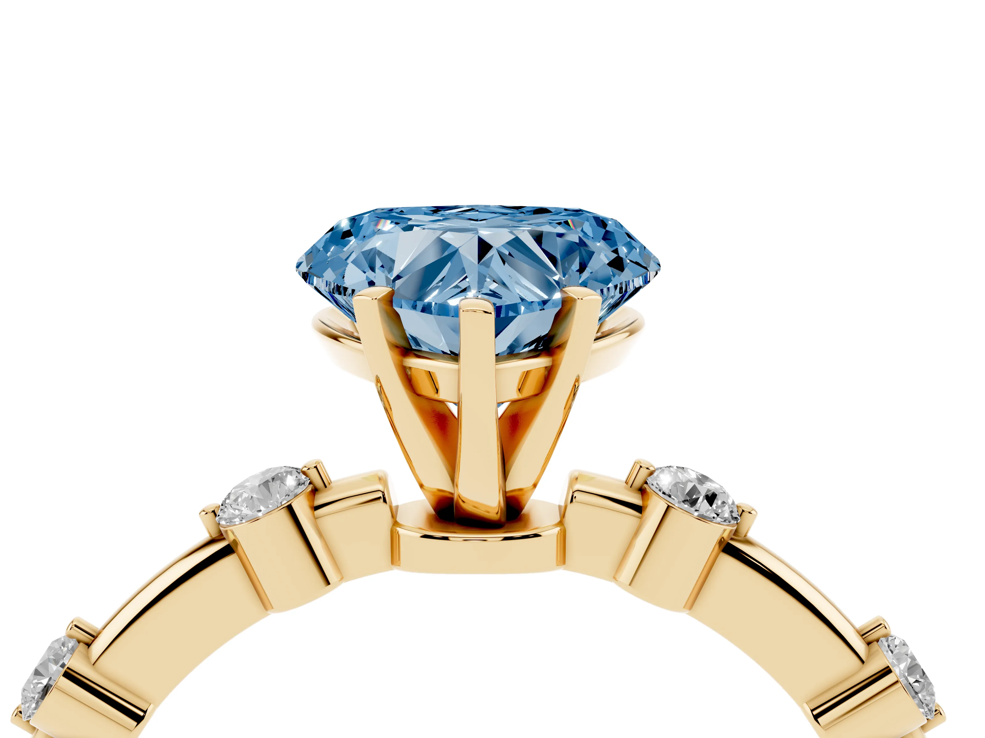 Fancy Blue Heart Cut Diamond Solitaire Ring Set in Yellow gold with Bezel Set Side Stones and Prong Setting