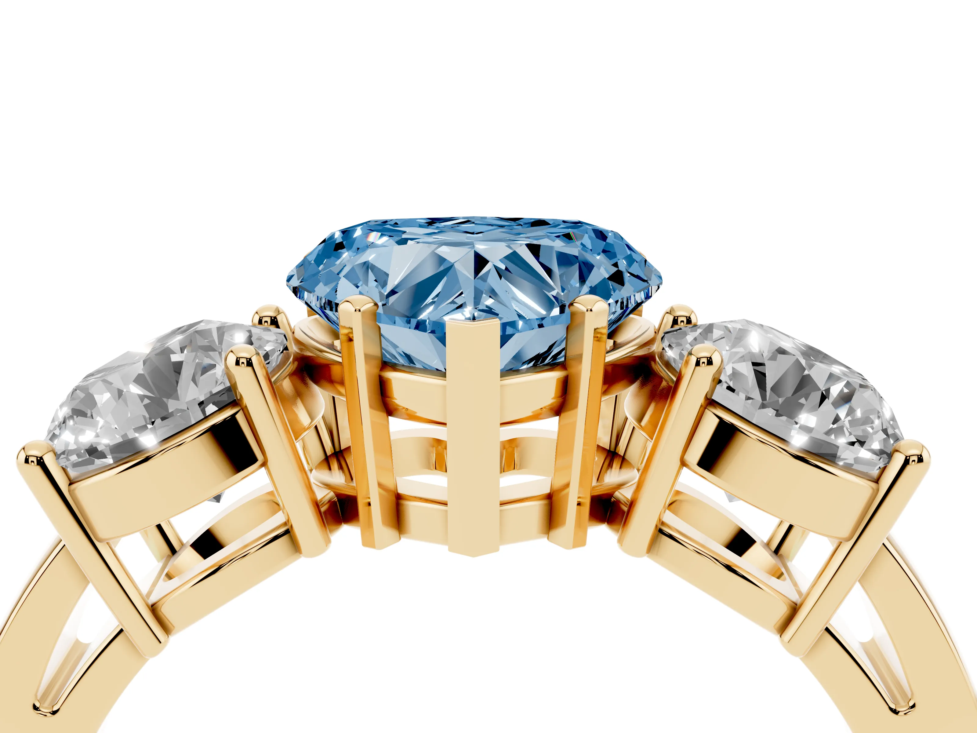 Fancy Blue Heart Cut Diamond Three-Stone Ring Set in Yellow gold with Round Side Stones and Classic Band
