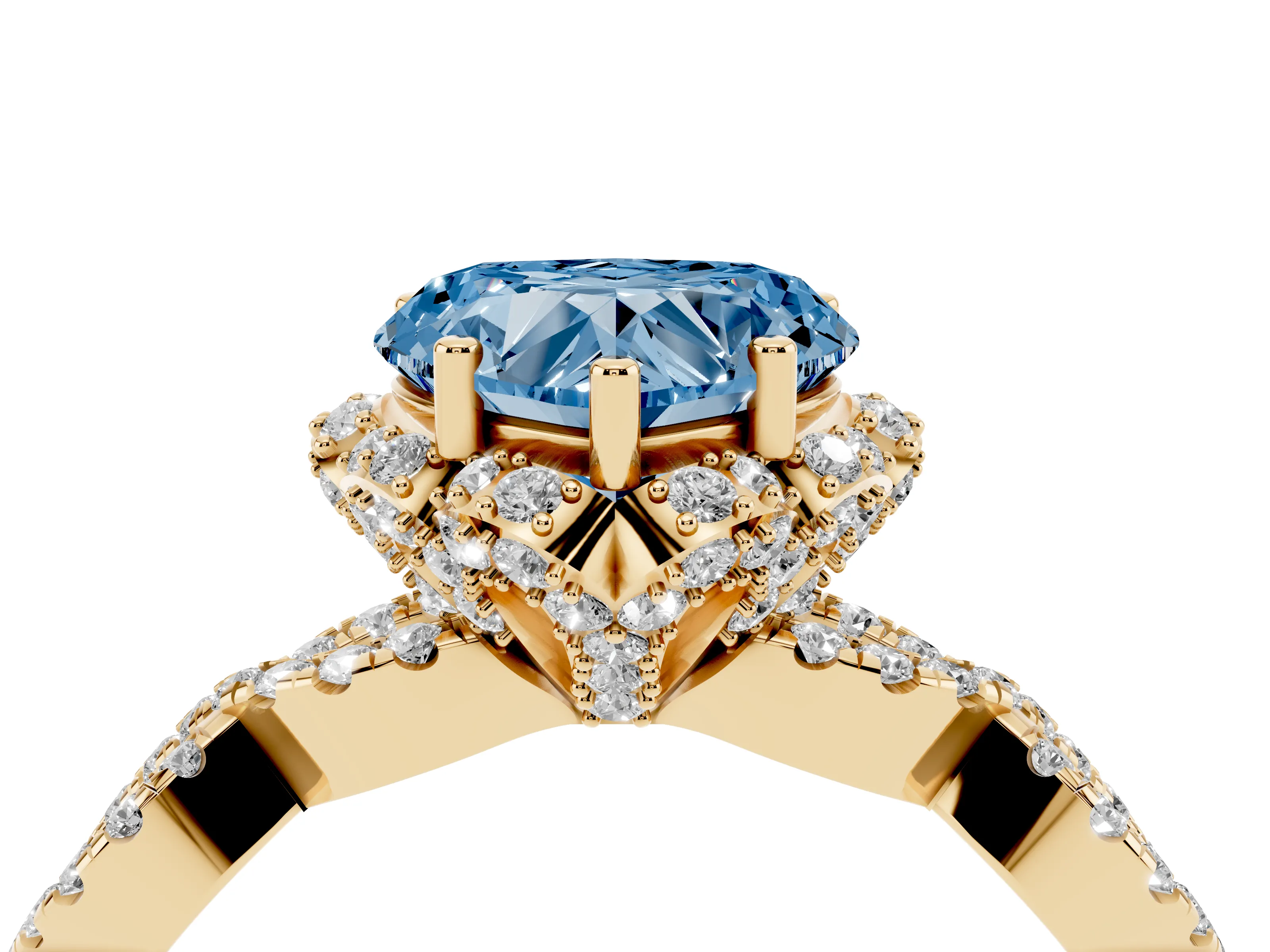 Fancy Blue Heart Cut Diamond Halo Twist Band Solitaire Ring Set in Yellow gold with Prong-Set Center Stone