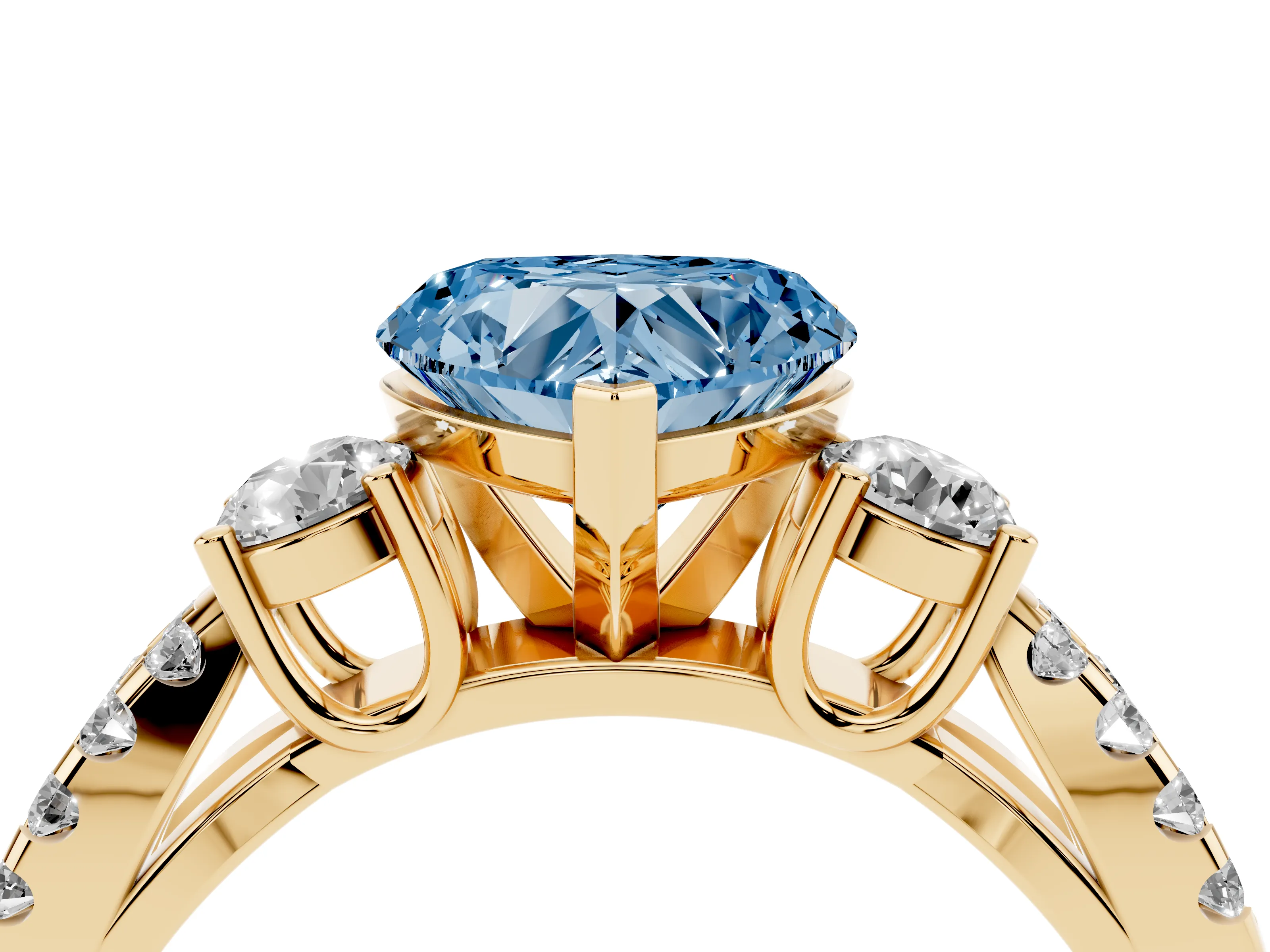 Fancy Blue Heart Cut Diamond Three-Stone Ring Set in Yellow gold with Pavé Split Shank and Prong Setting