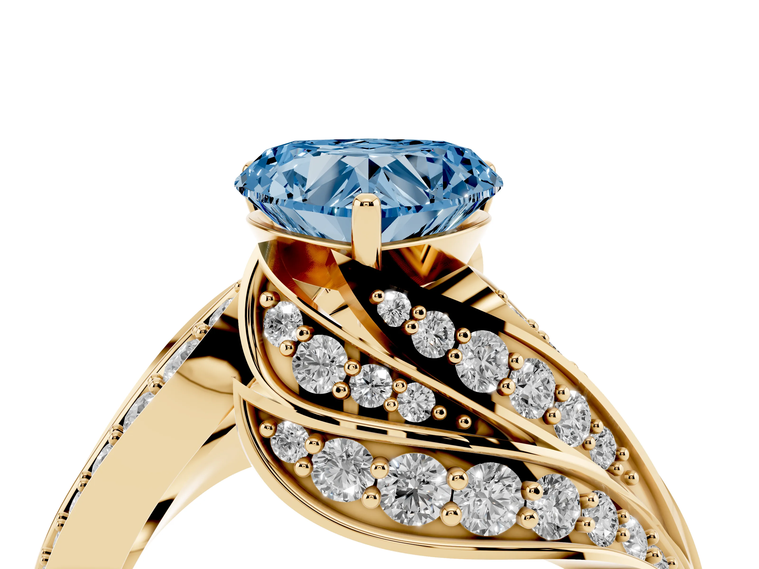 Fancy Blue Heart Cut Diamond Solitaire Ring Set in Yellow gold with Layered Twist Pavé Band