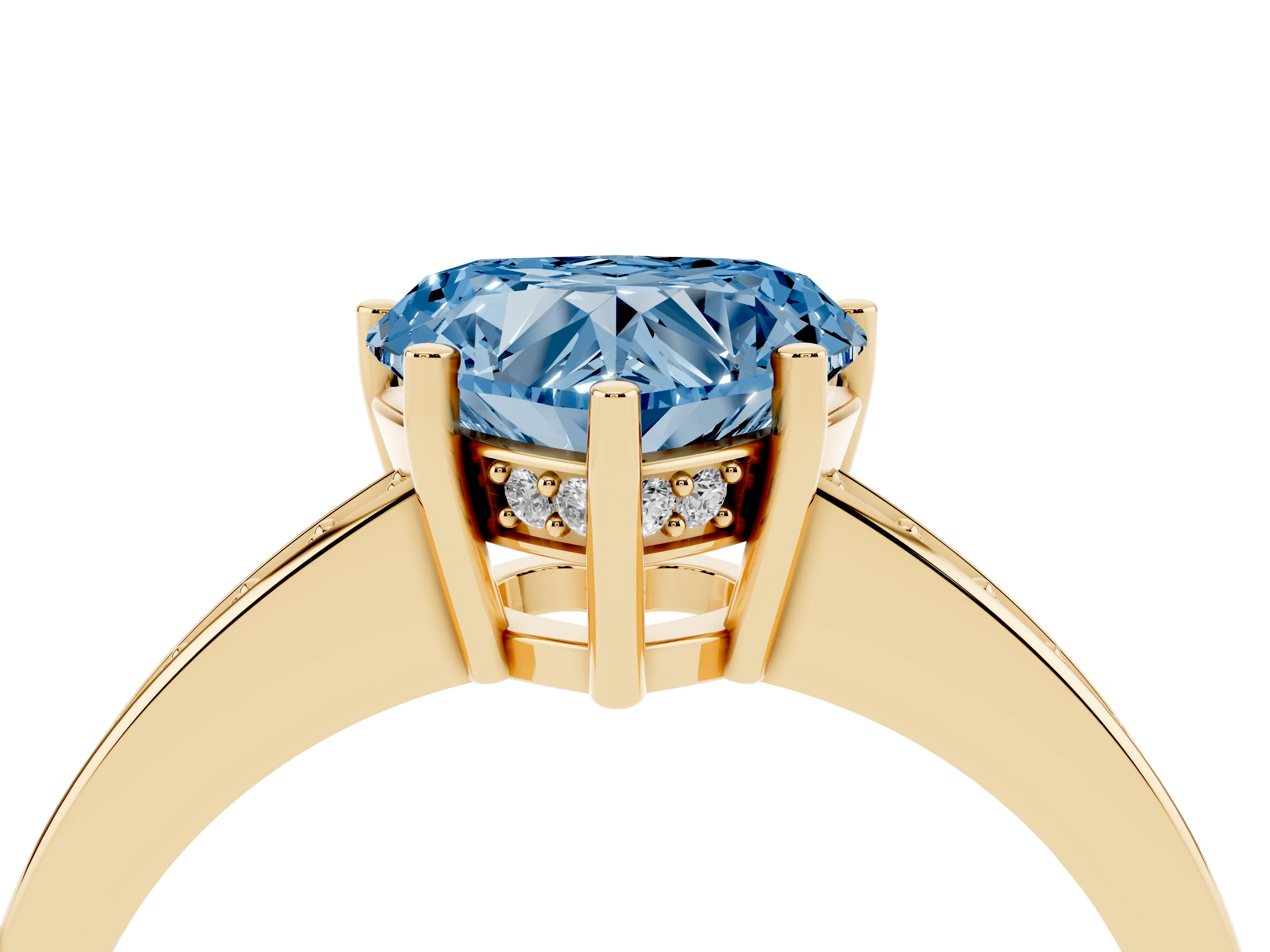 Fancy Blue Heart Cut Diamond Pavé Band Prong Set Solitaire Ring Set in Yellow gold