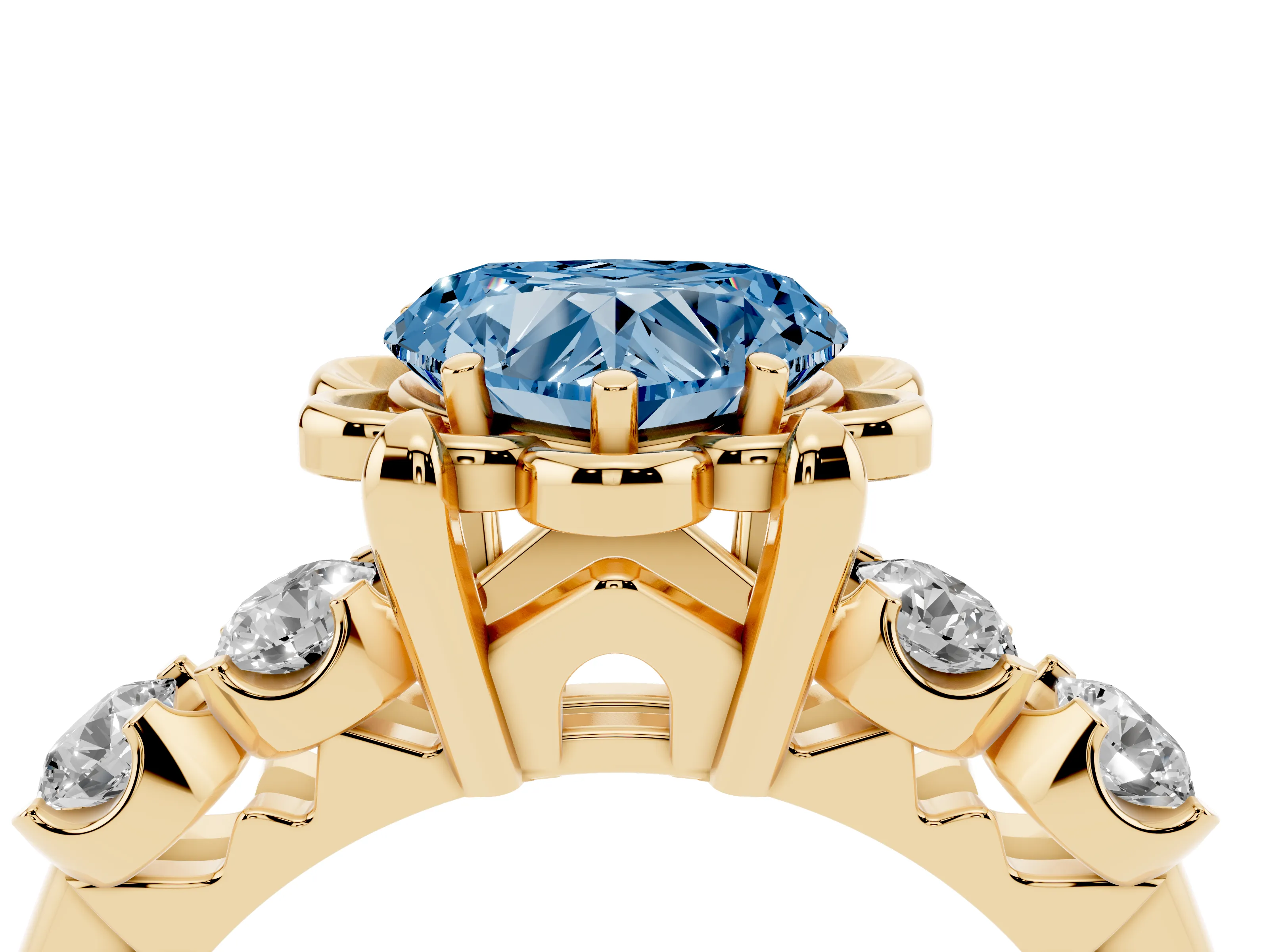 Fancy Blue Heart Cut Diamond Floral Halo Ring Set in Yellow gold with Shared Prong Band
