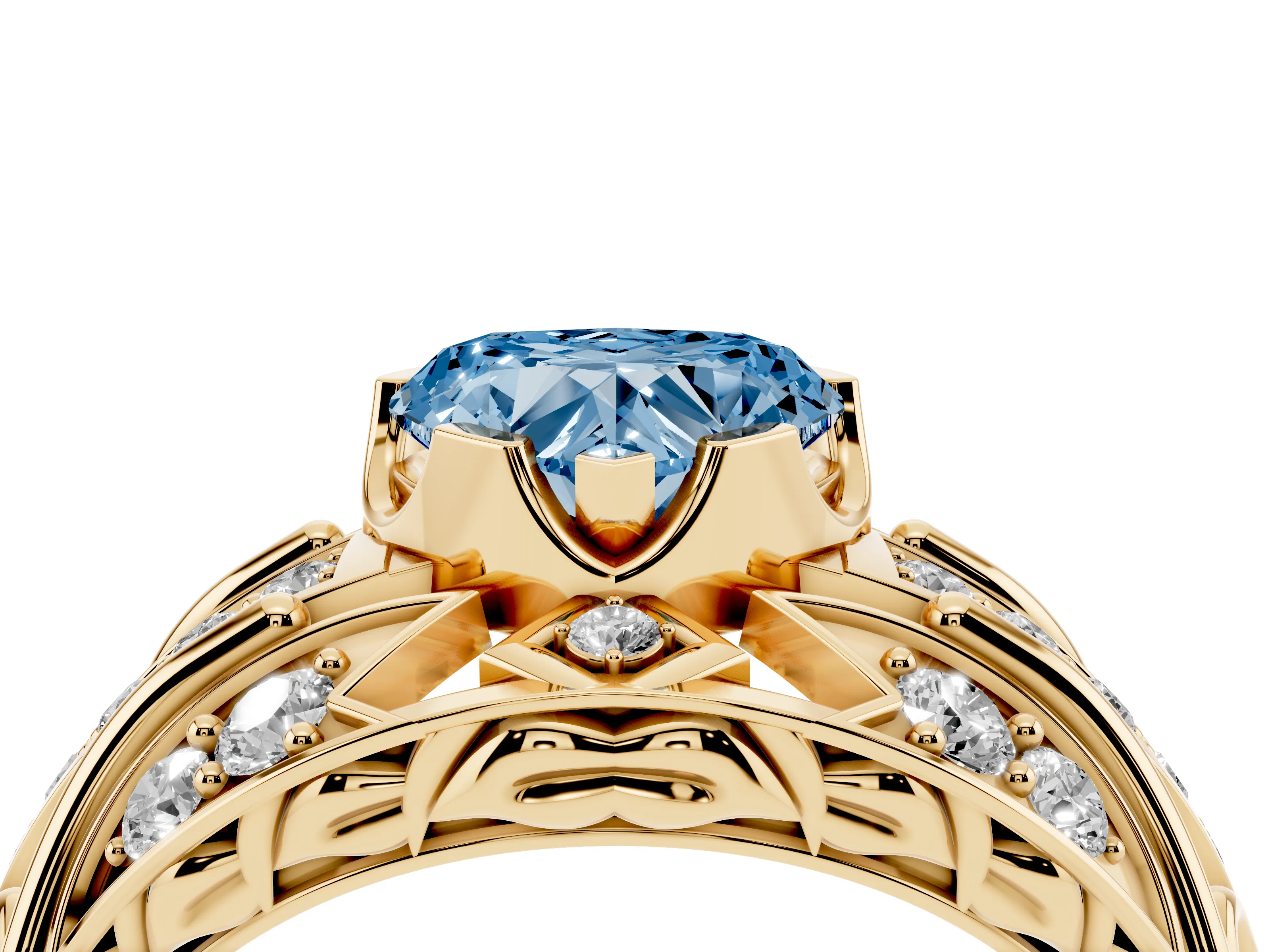 Fancy Blue Heart Cut Diamond Art Deco Ring Set in Yellow gold with Pavé Split Shank
