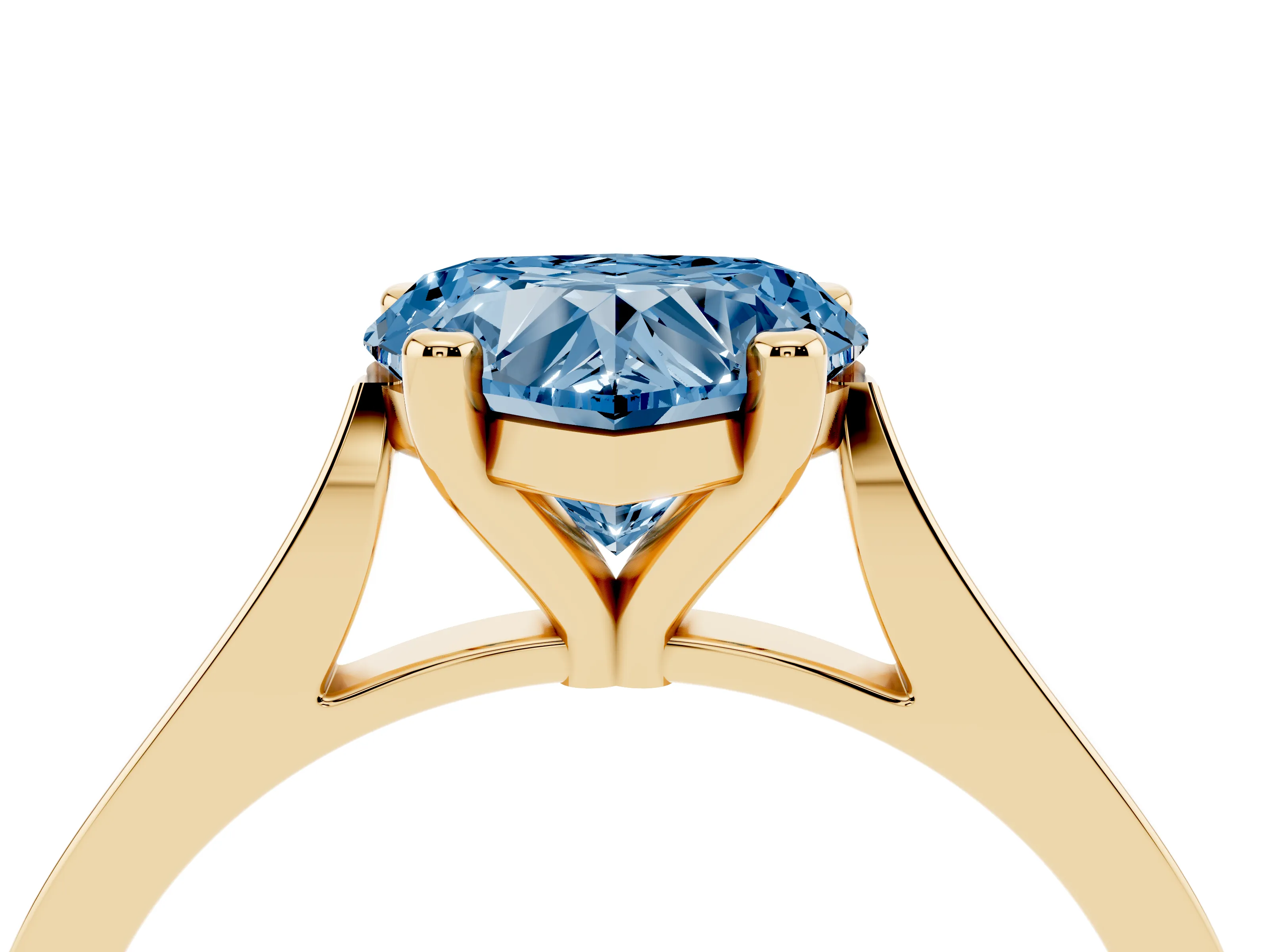 Fancy Blue Heart Cut Diamond Solitaire Ring Set in Yellow gold with Prong Setting and Tapered Band