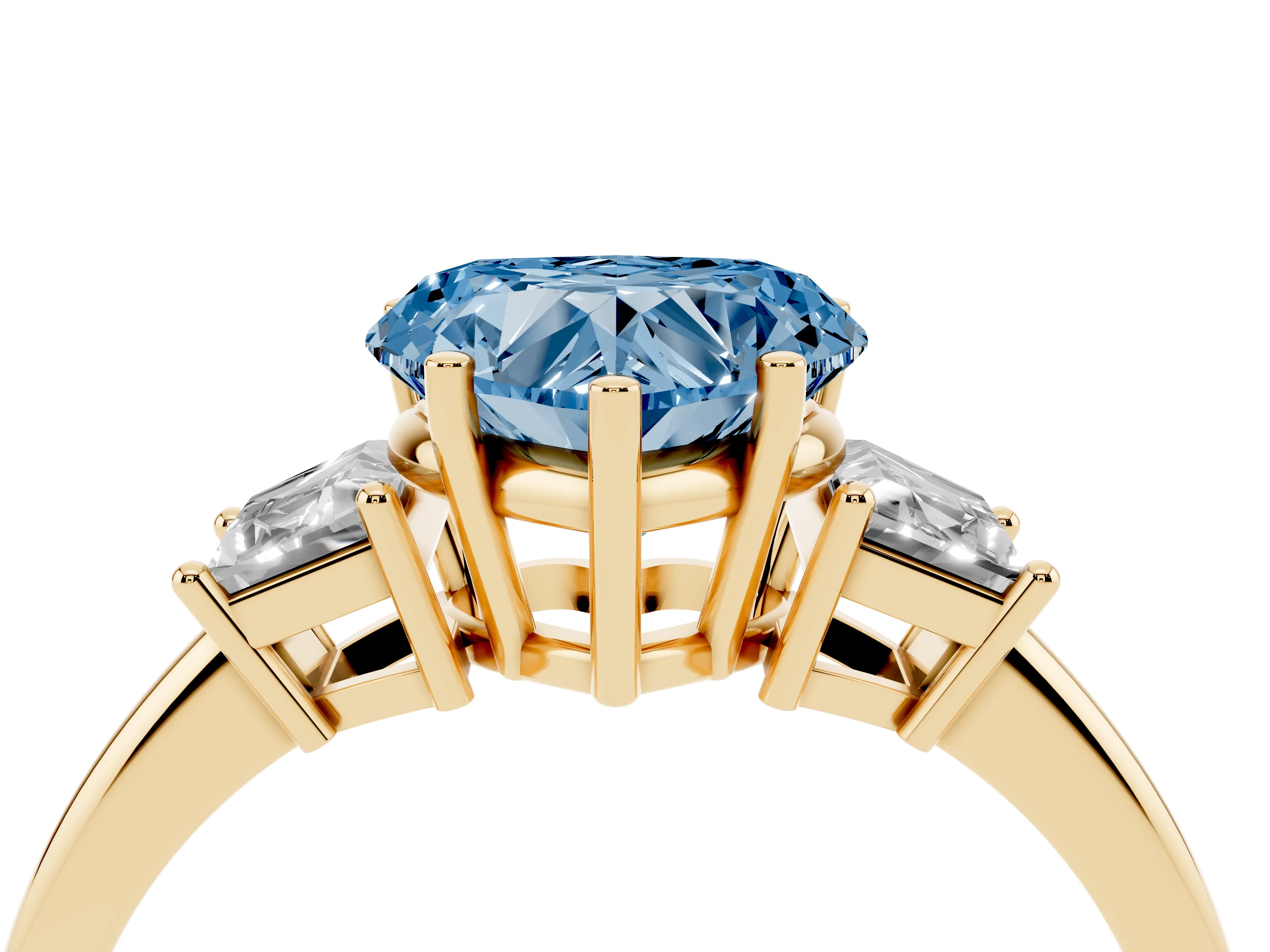 Fancy Blue Heart Cut Diamond Three-Stone Ring Set in Yellow gold with Trapezoid Side Stones and Prong Setting