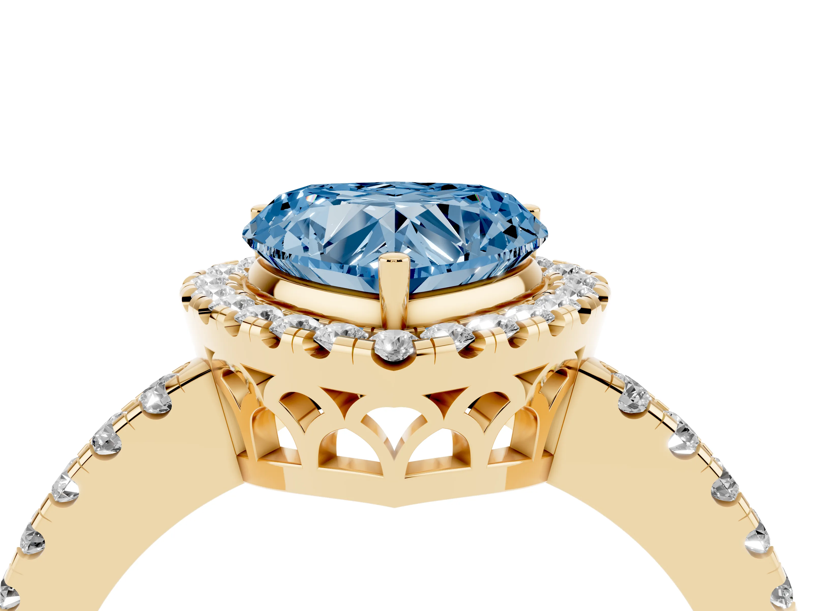 Fancy Blue Heart Cut Diamond Pavé Band Halo Engagement Ring Set in Yellow gold with Prong Setting