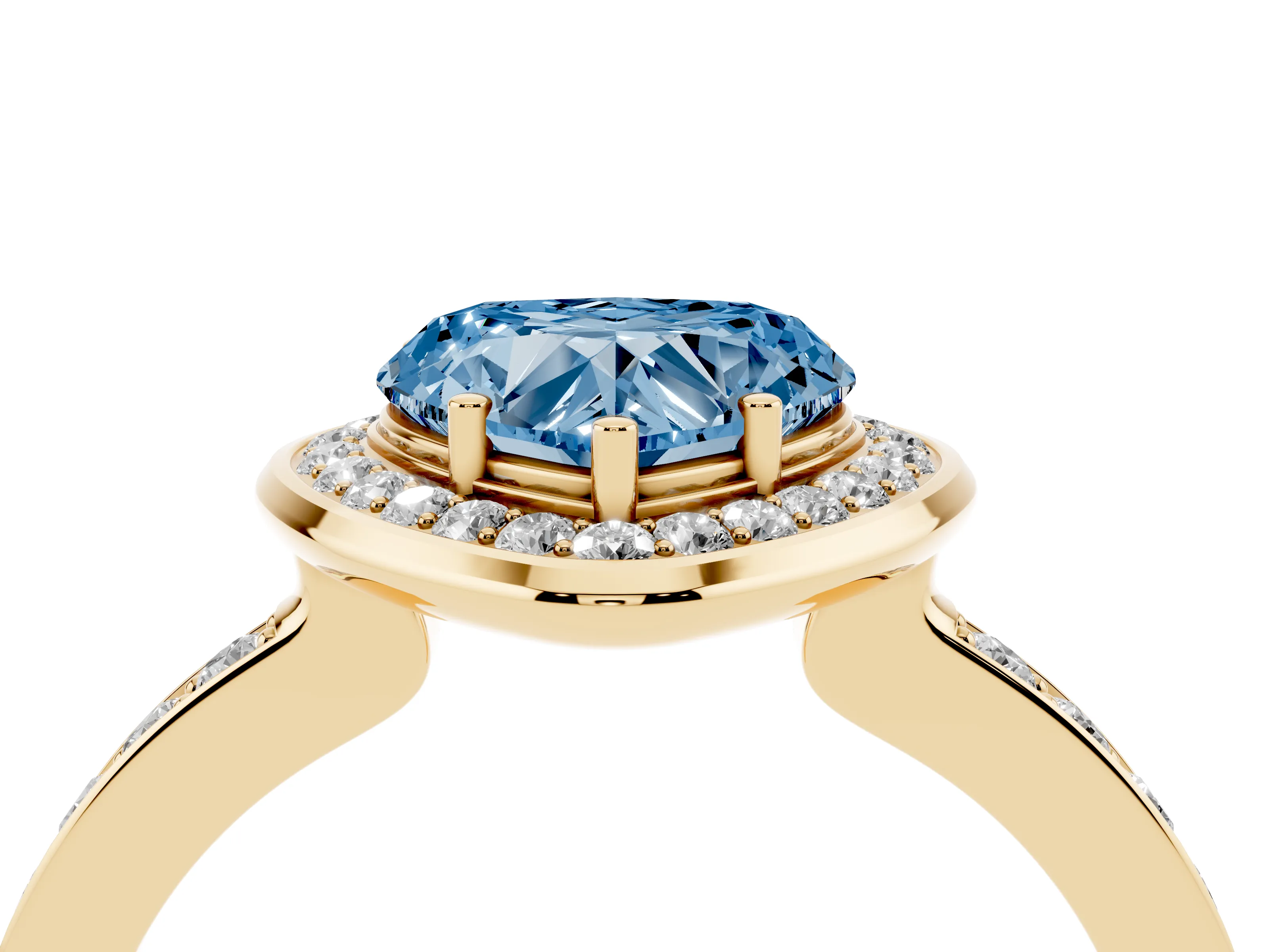 Fancy Blue Heart Cut Diamond Halo Ring Set in Yellow gold with Bezel Frame and Pavé Band
