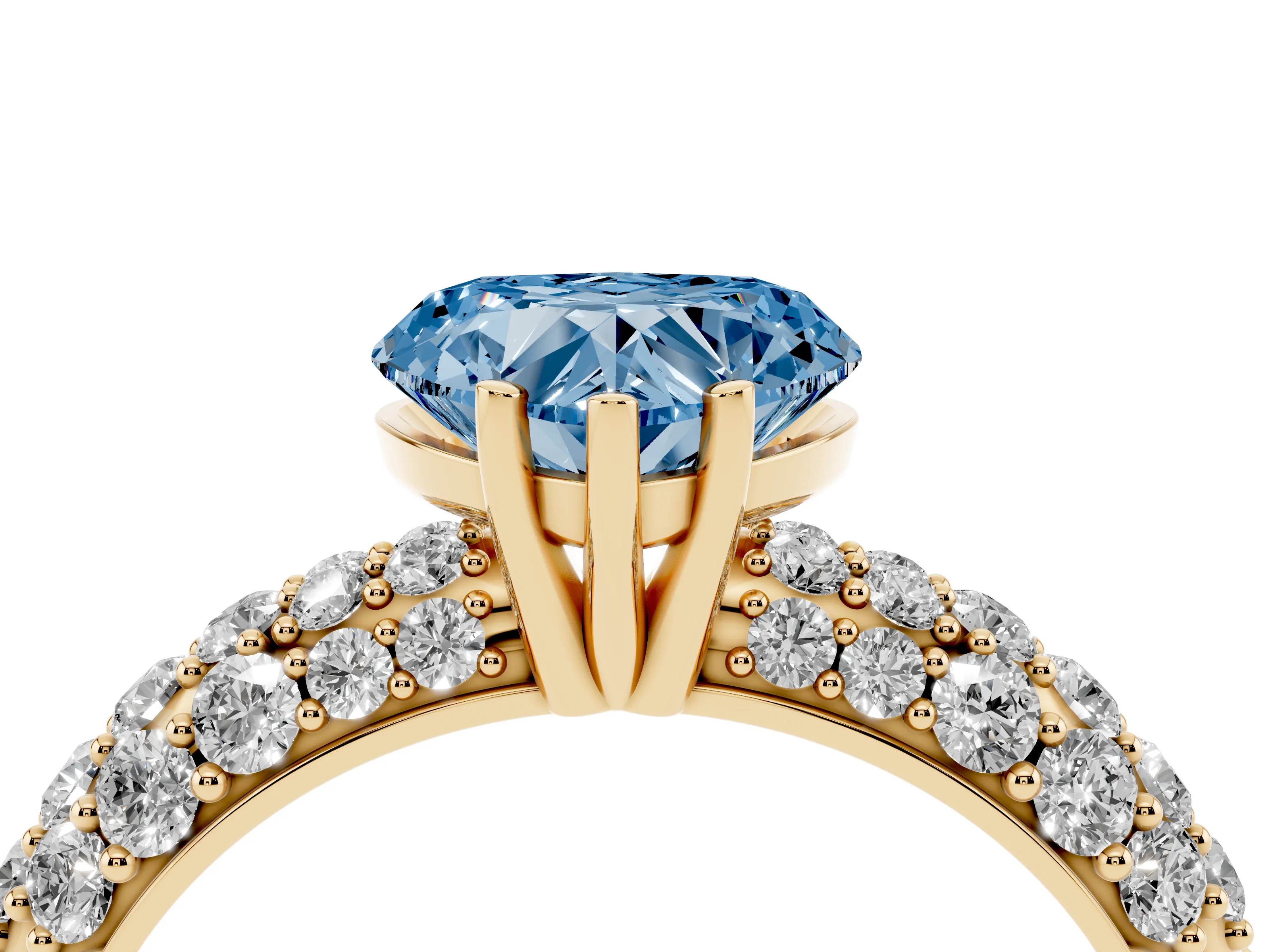 Fancy Blue Heart Cut Diamond Pavé Band Solitaire Ring Set in Yellow gold with Close-Set Accent Stones and Prong Setting