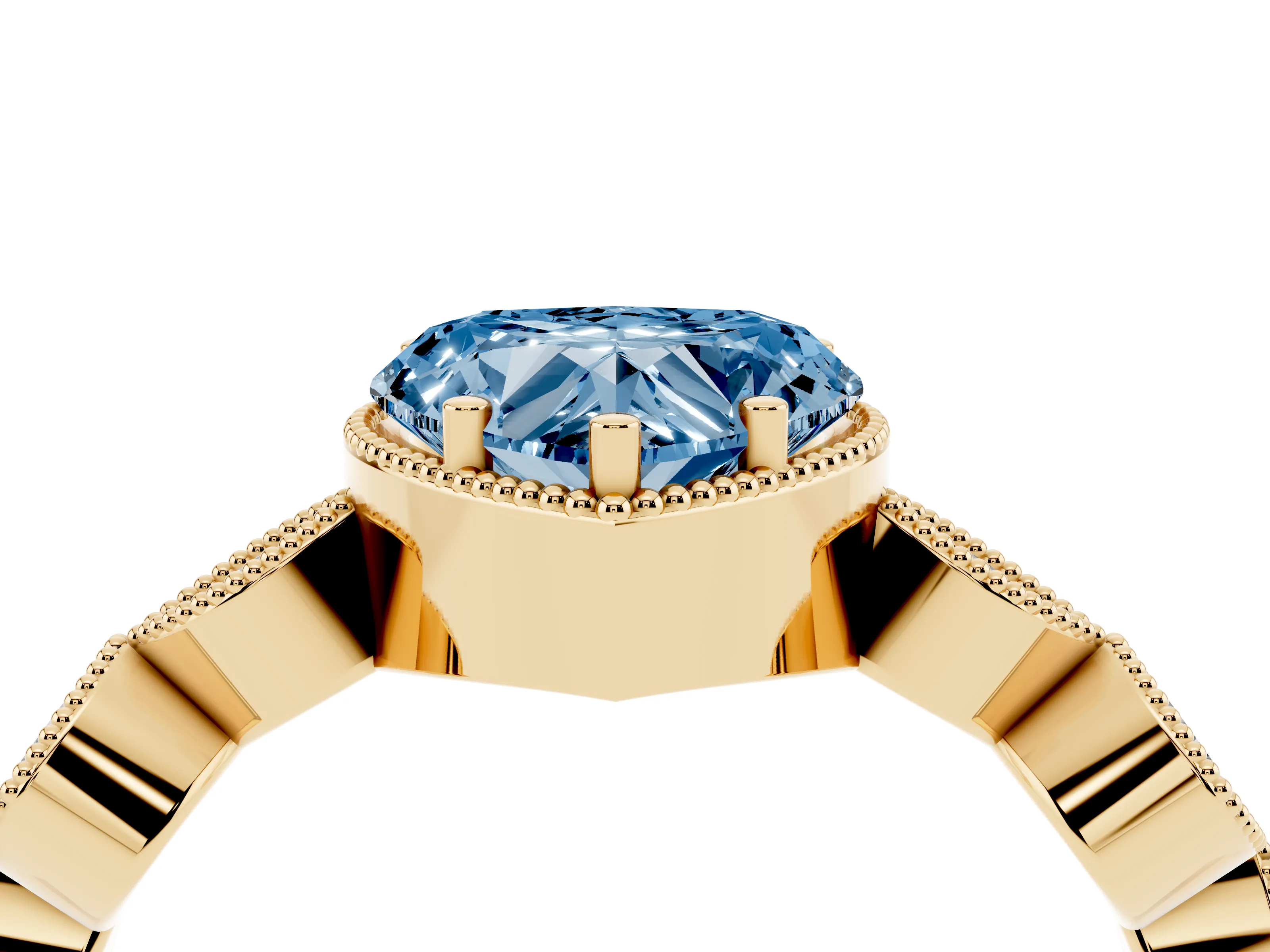 Fancy Blue Heart Cut Diamond Vintage-Inspired Milgrain Ring Set in Yellow gold with Marquise Stations of Round Accents