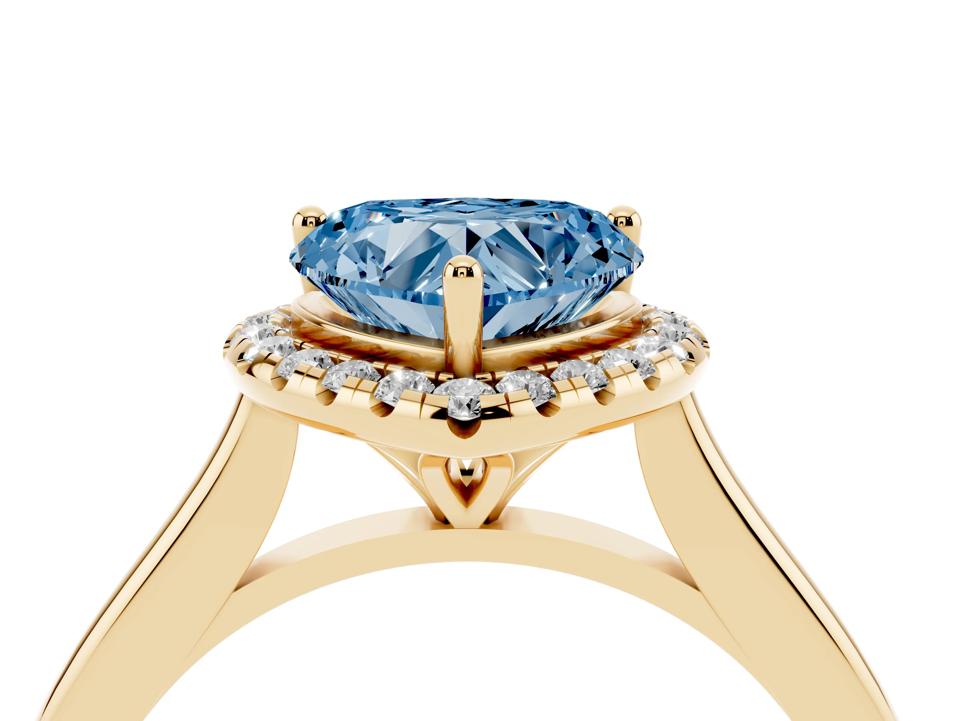 Fancy Blue Heart Cut Diamond Halo Engagement Ring Set in Yellow gold with Pavé Band and Rising Shoulders