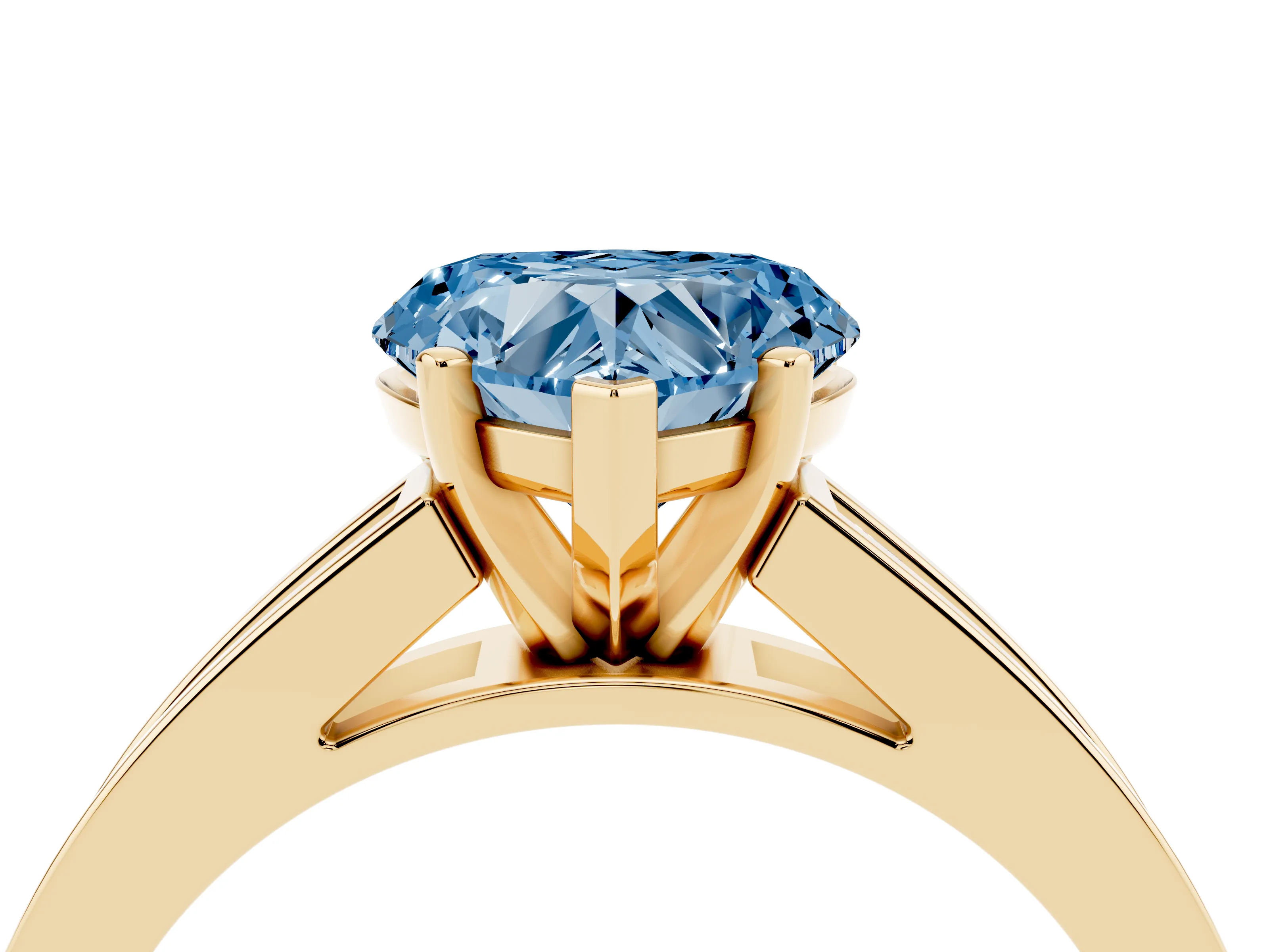 Fancy Blue Heart Cut Diamond Solitaire Ring Set in Yellow gold with Channel-Set Band and Prong Setting
