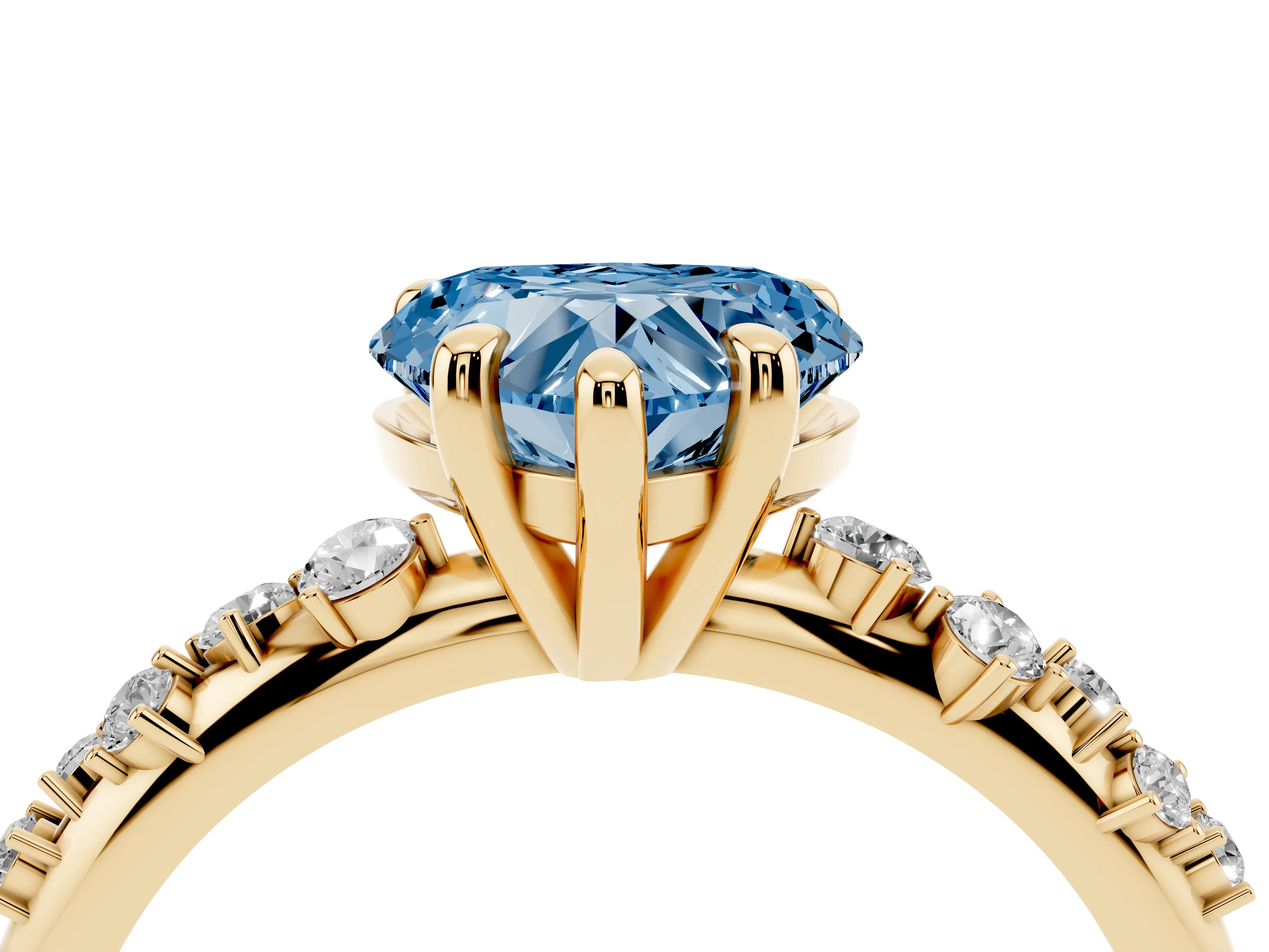 Fancy Blue Heart Cut Diamond Solitaire Vine Band Ring Set in Yellow gold with Round Accents and Prong Setting