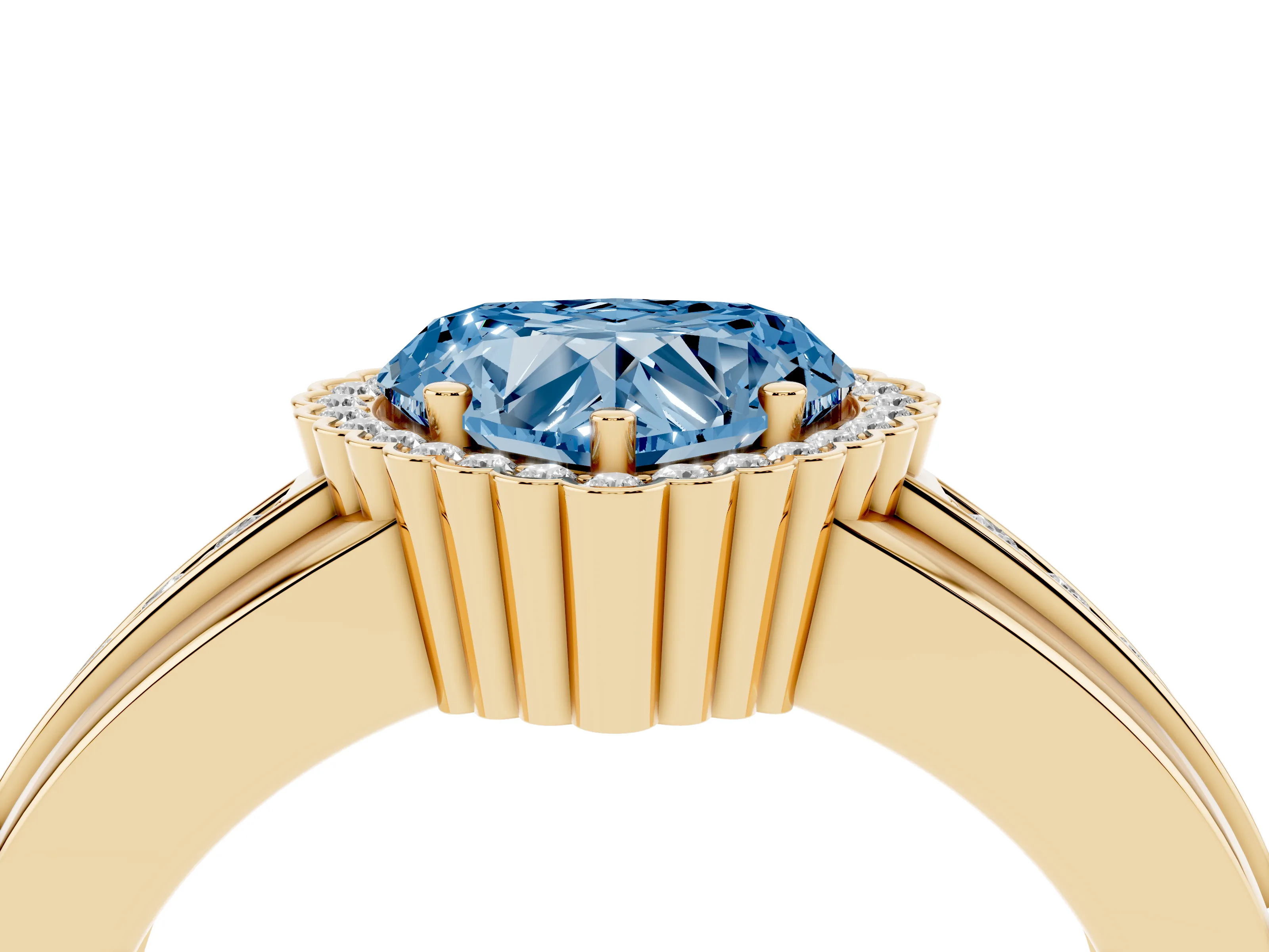 Fancy Blue Heart Cut Diamond Halo Prong Ring Set in Yellow gold with Pavé Band