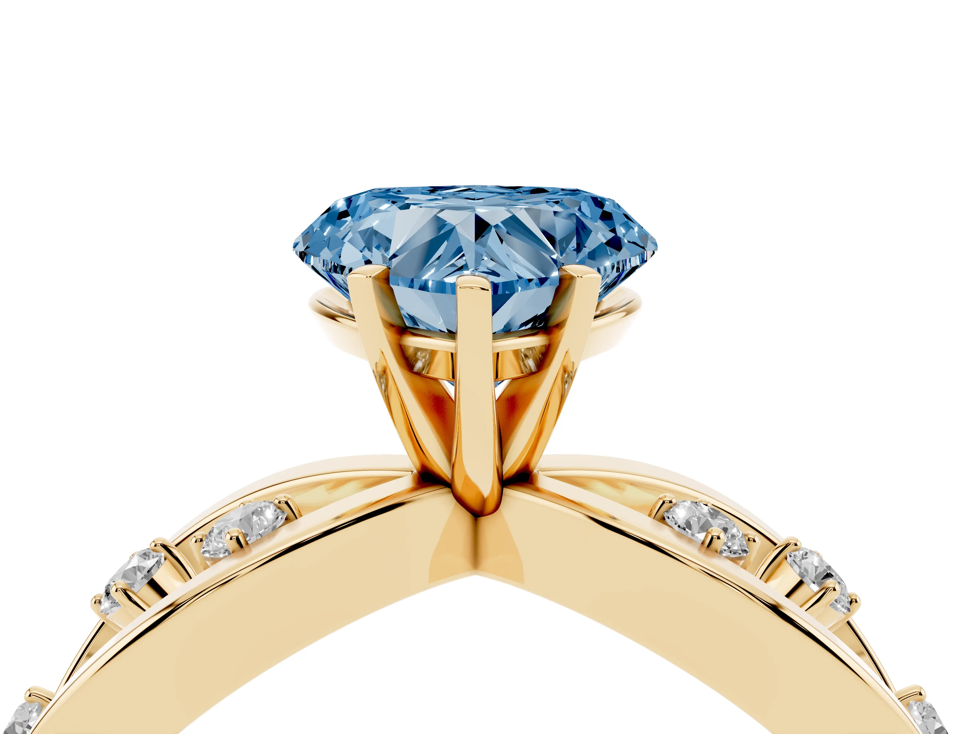 Fancy Blue Heart Cut Diamond Solitaire Ring Set in Yellow gold with Side Stones on Criss-Cross Band and Prong Setting