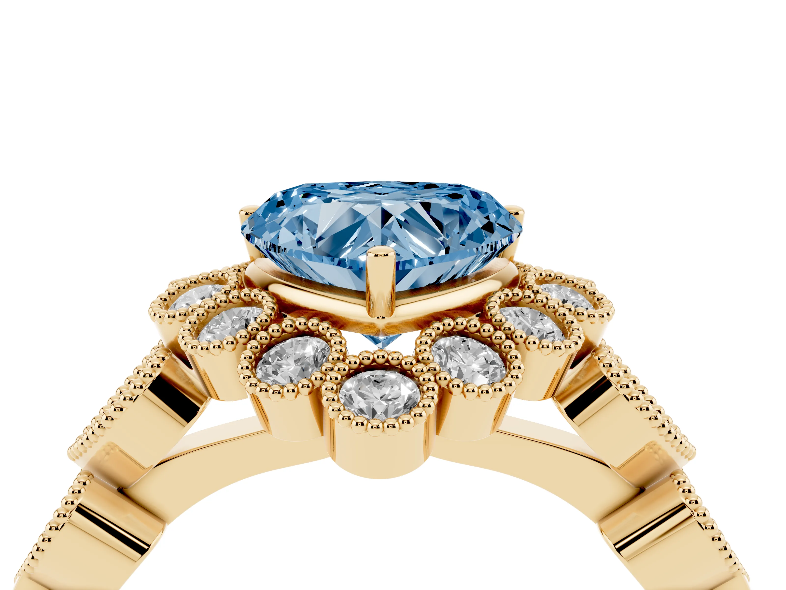 Fancy Blue Heart Cut Diamond Solitaire Ring Set in Yellow gold with Milgrain Pavé Heart Band